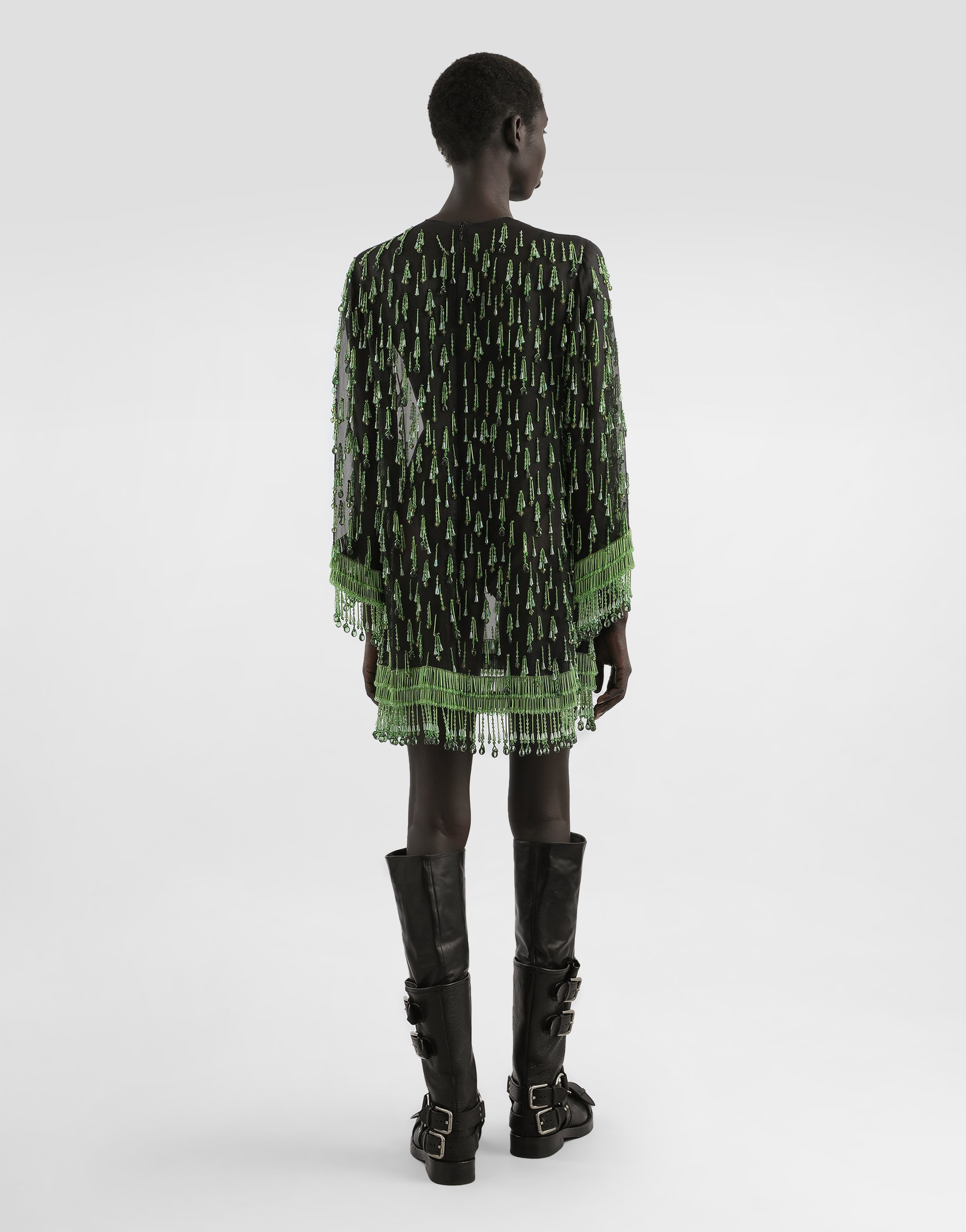 Dolce & Gabbana Short Flared Organza Dress With Embroidery In Green