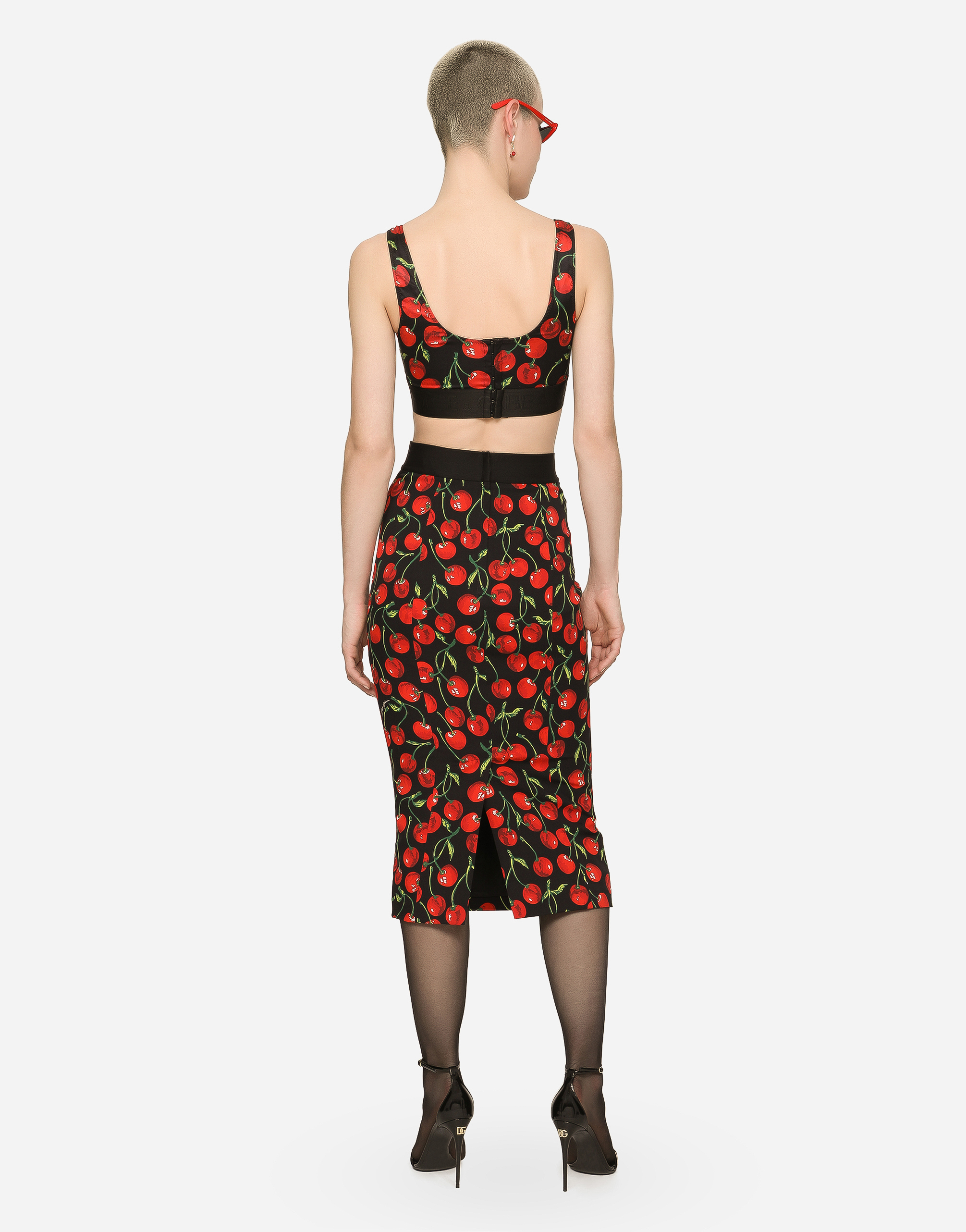 DOLCE & GABBANA HIGH-WAISTED CHARMEUSE CALF-LENGTH SKIRT WITH CHERRY PRINT