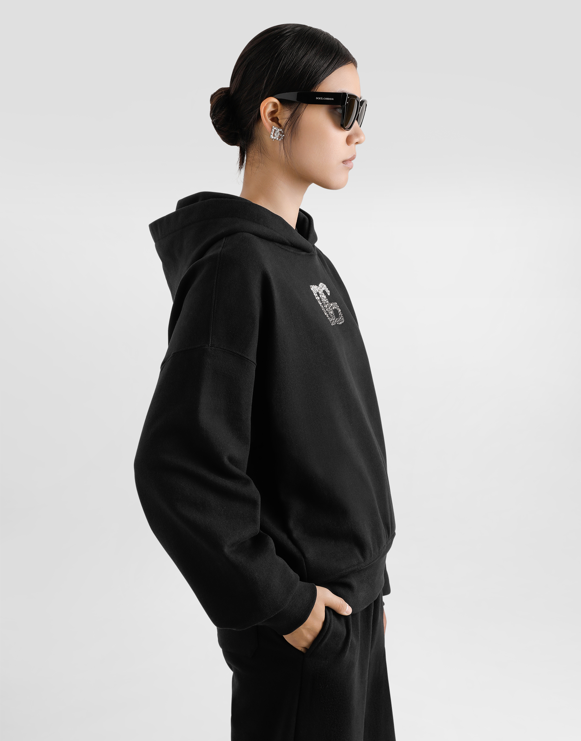 Dolce & Gabbana Jersey Hoodie With Rhinestone-detailed Dg Embellishment In Black