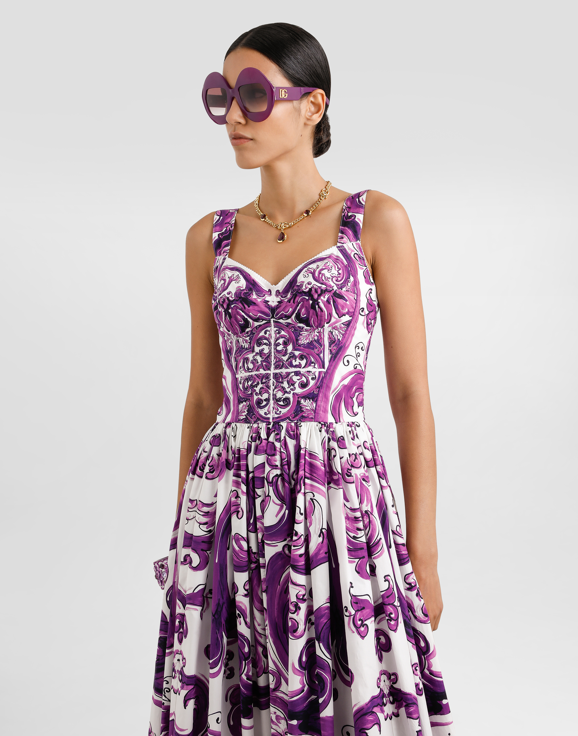 Dolce & Gabbana Long Poplin Dress With Majolica Print In Purple