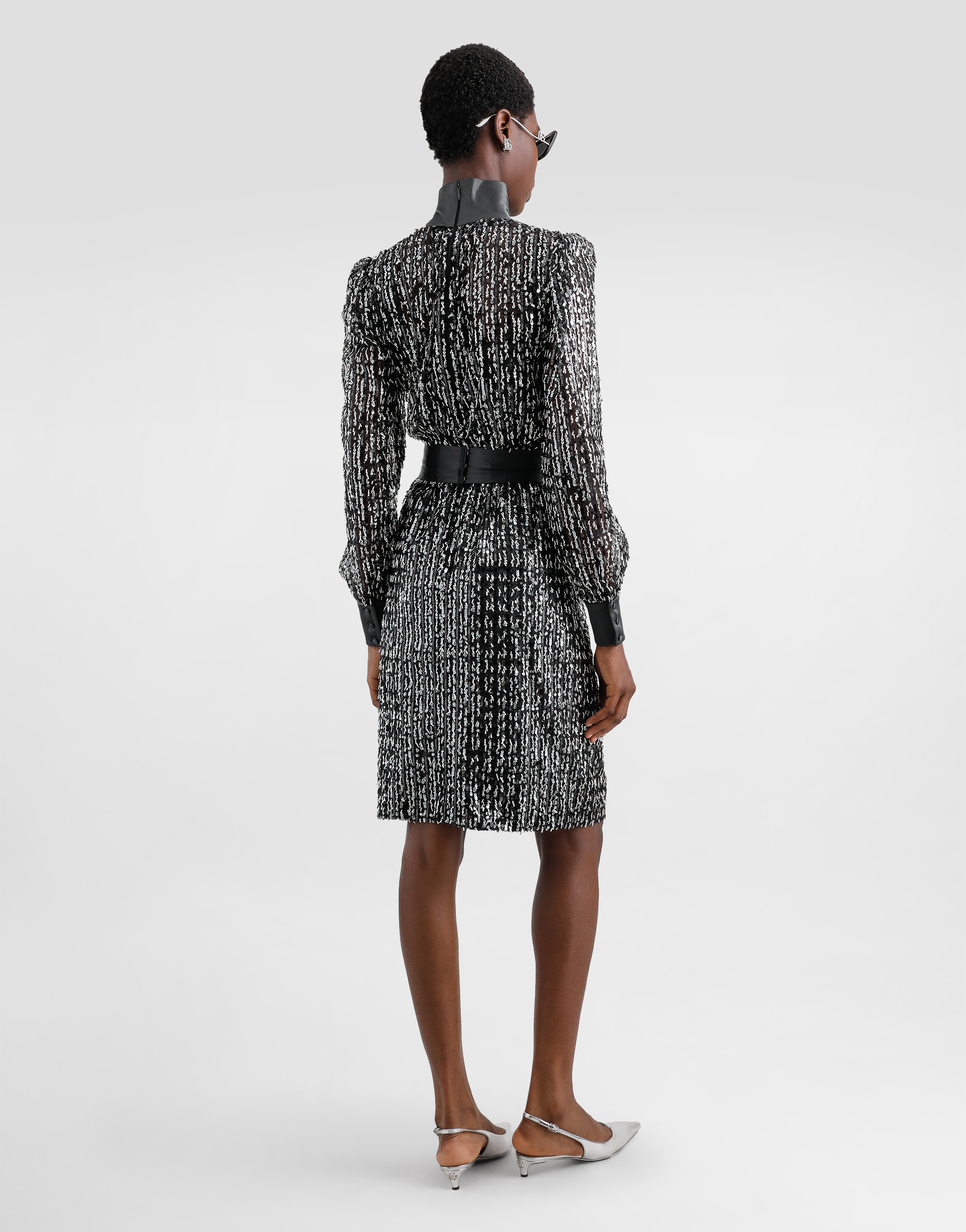 Dolce & Gabbana Midi Dress With Vertical Sequin Stripe Embroidery In Black