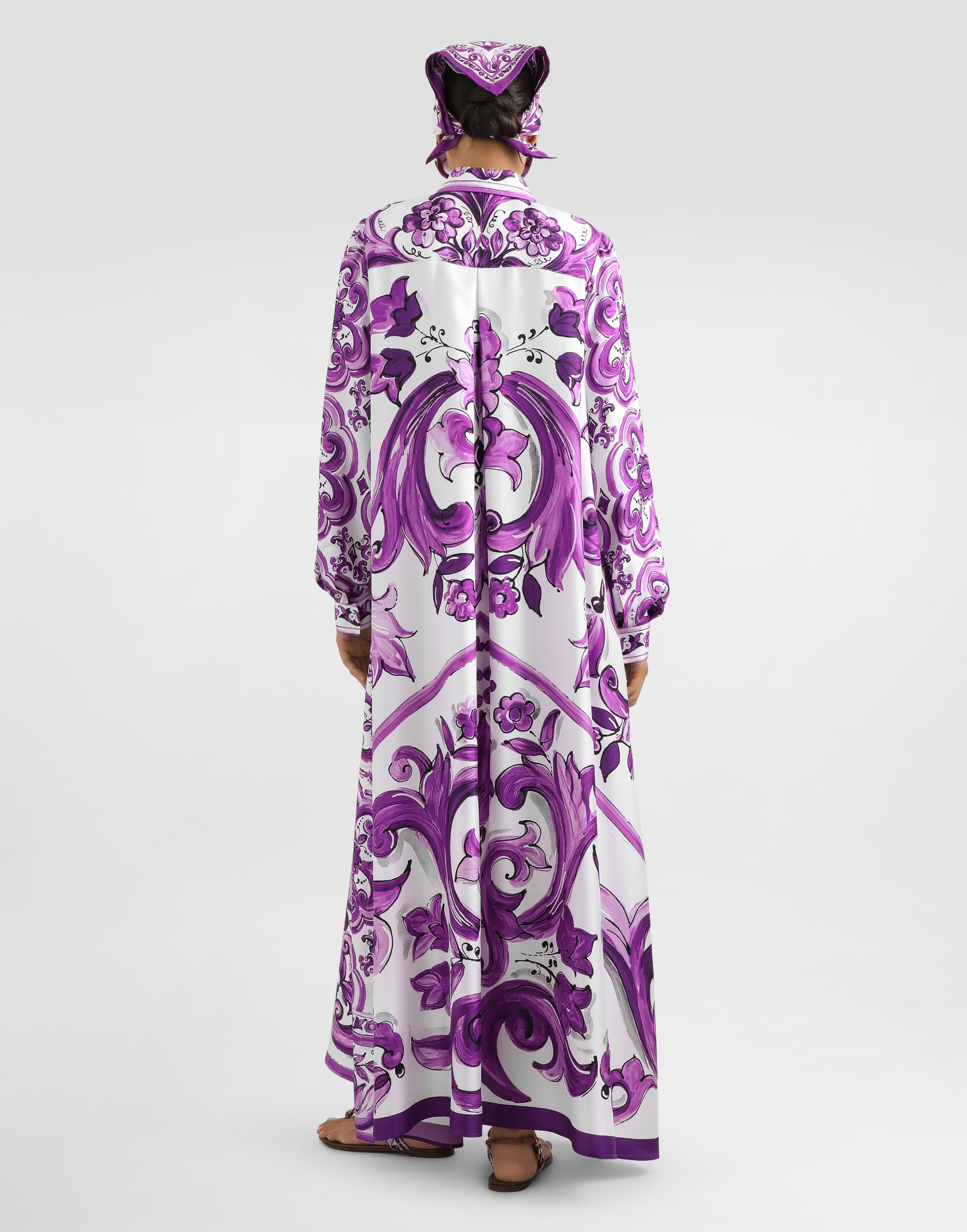 Dolce & Gabbana Dolce&gabbana Majolica Print Long Sleeve Silk Shirtdress In Purple