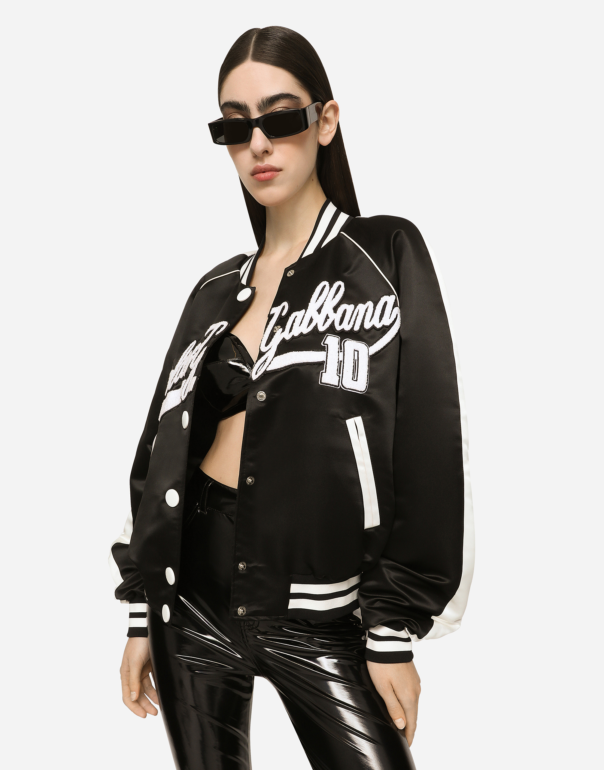 DOLCE & GABBANA SATIN VARSITY BOMBER JACKET WITH DOLCE&GABBANA EMBROIDERY