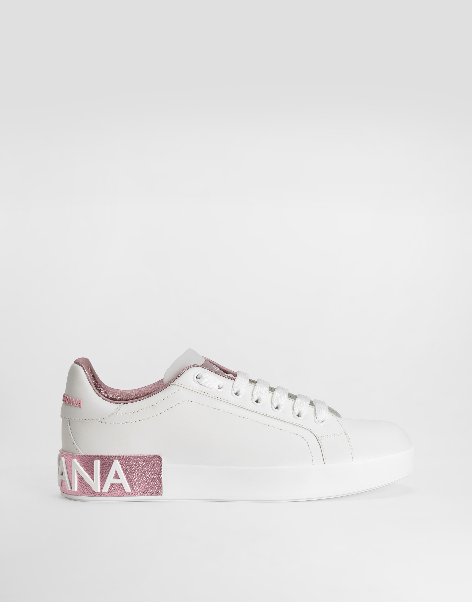 Dolce & Gabbana Female White/Pink Nappa Leather Portofino Sneakers - Woman Sneakers Pink Leather Size 35.5
