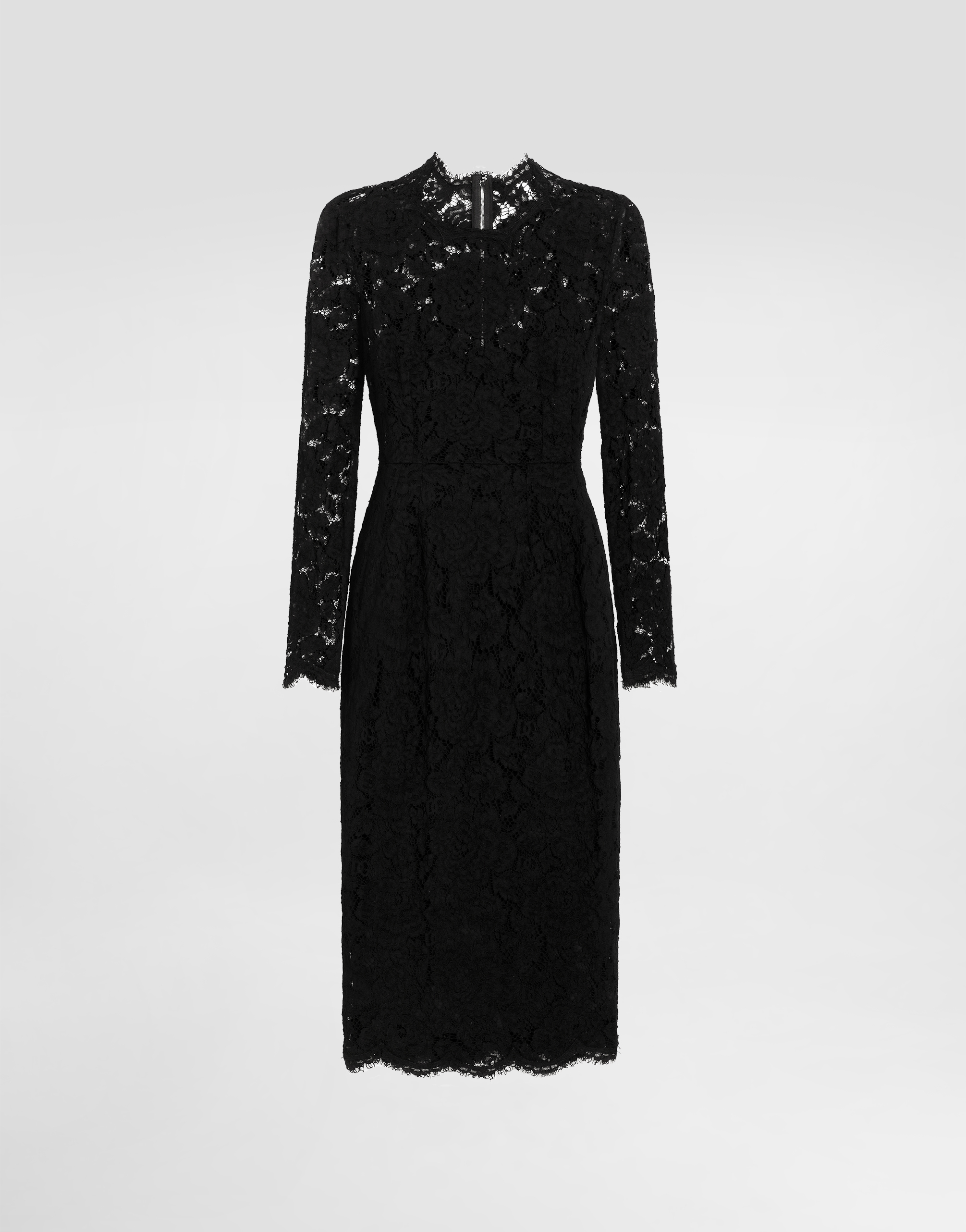 Dolce & Gabbana Long-sleeved Calf-length Dress In Branded Stretch Lace In Black