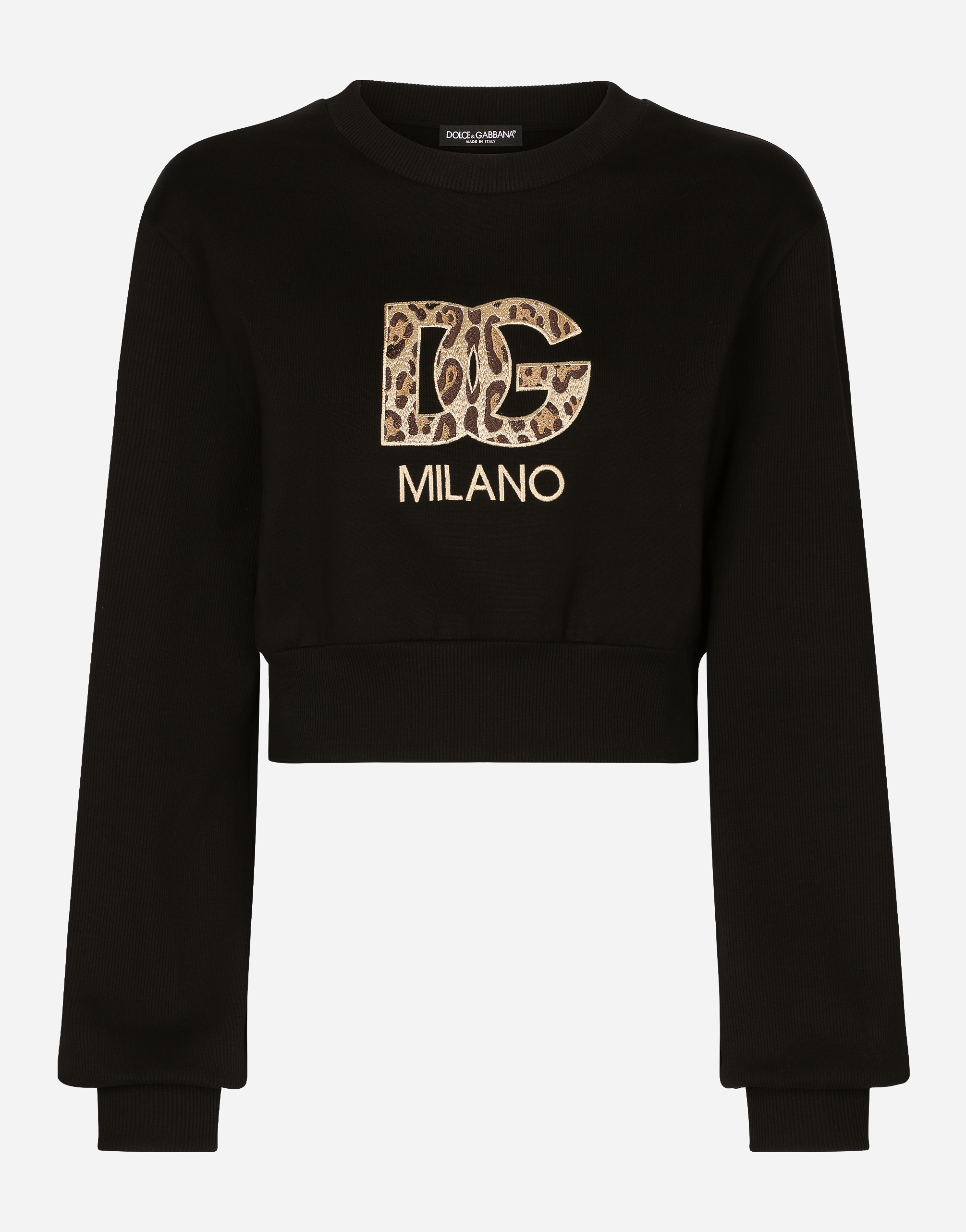 Dolce & Gabbana Cropped Jersey Sweatshirt With Embroidered Dg Patch In Black