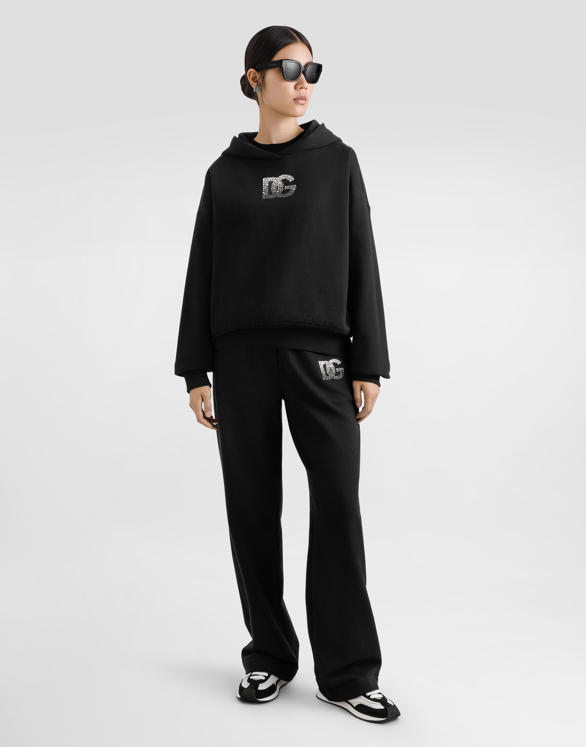 Dolce & Gabbana Jersey Hoodie With Rhinestone-detailed Dg Embellishment In Black