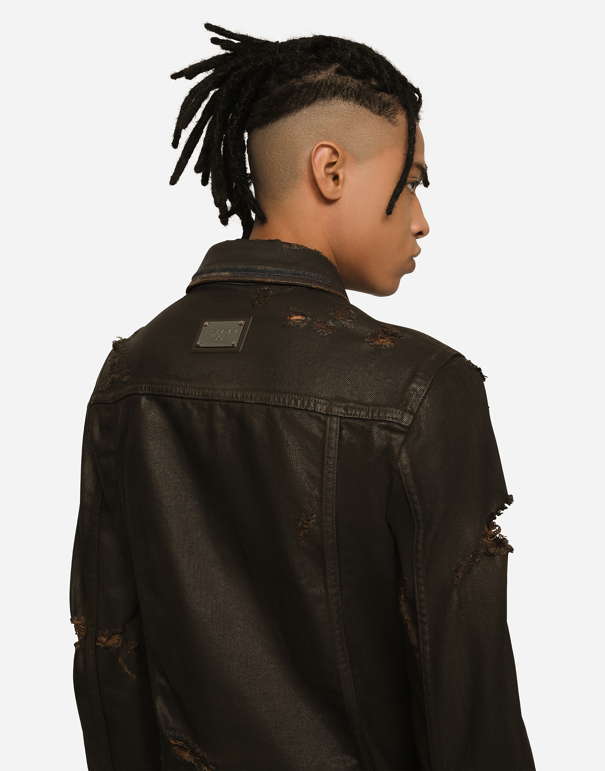 DOLCE & GABBANA WAXED STRETCH DENIM JACKET WITH RIPS