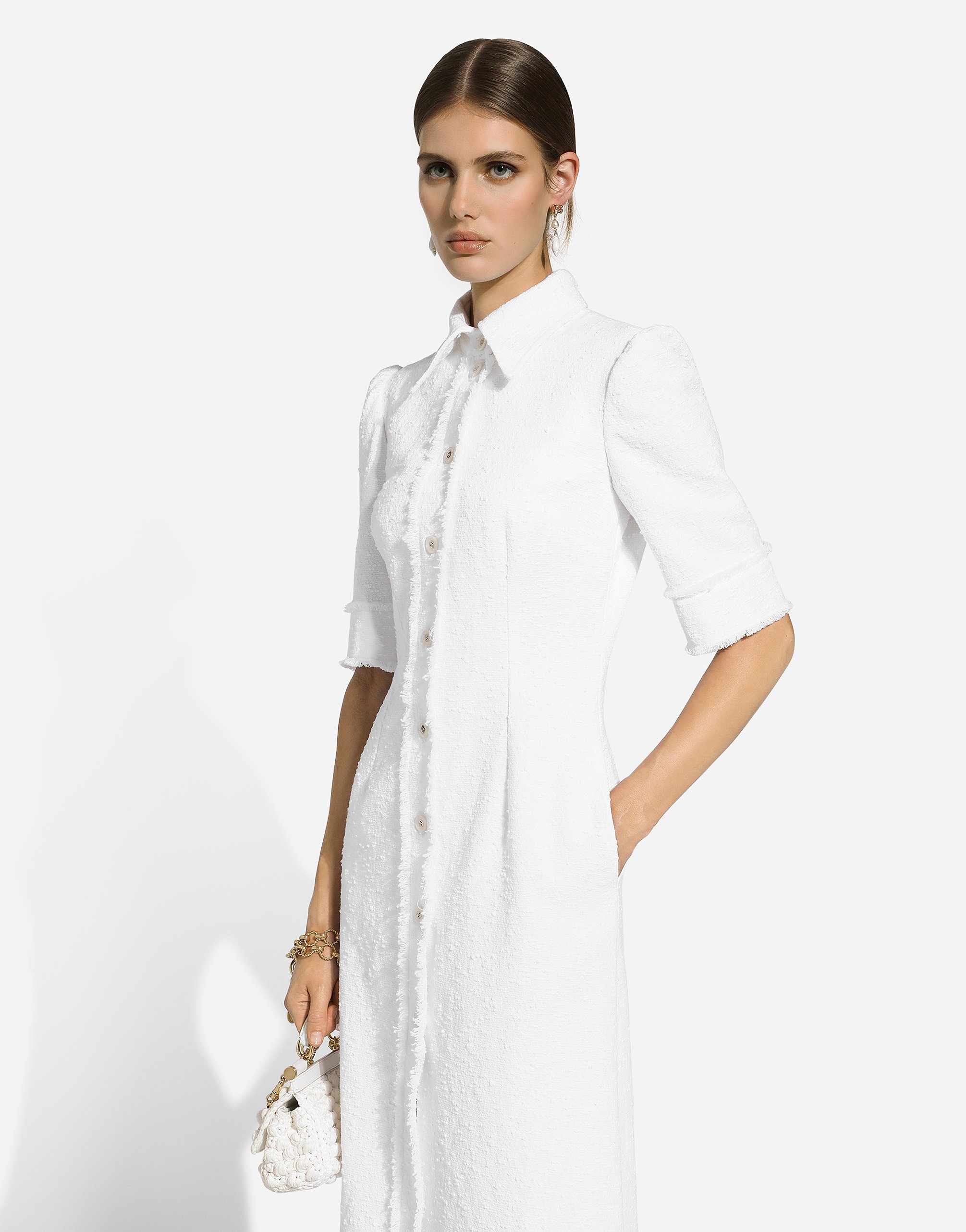 Cotton raschel tweed calf-length dress
