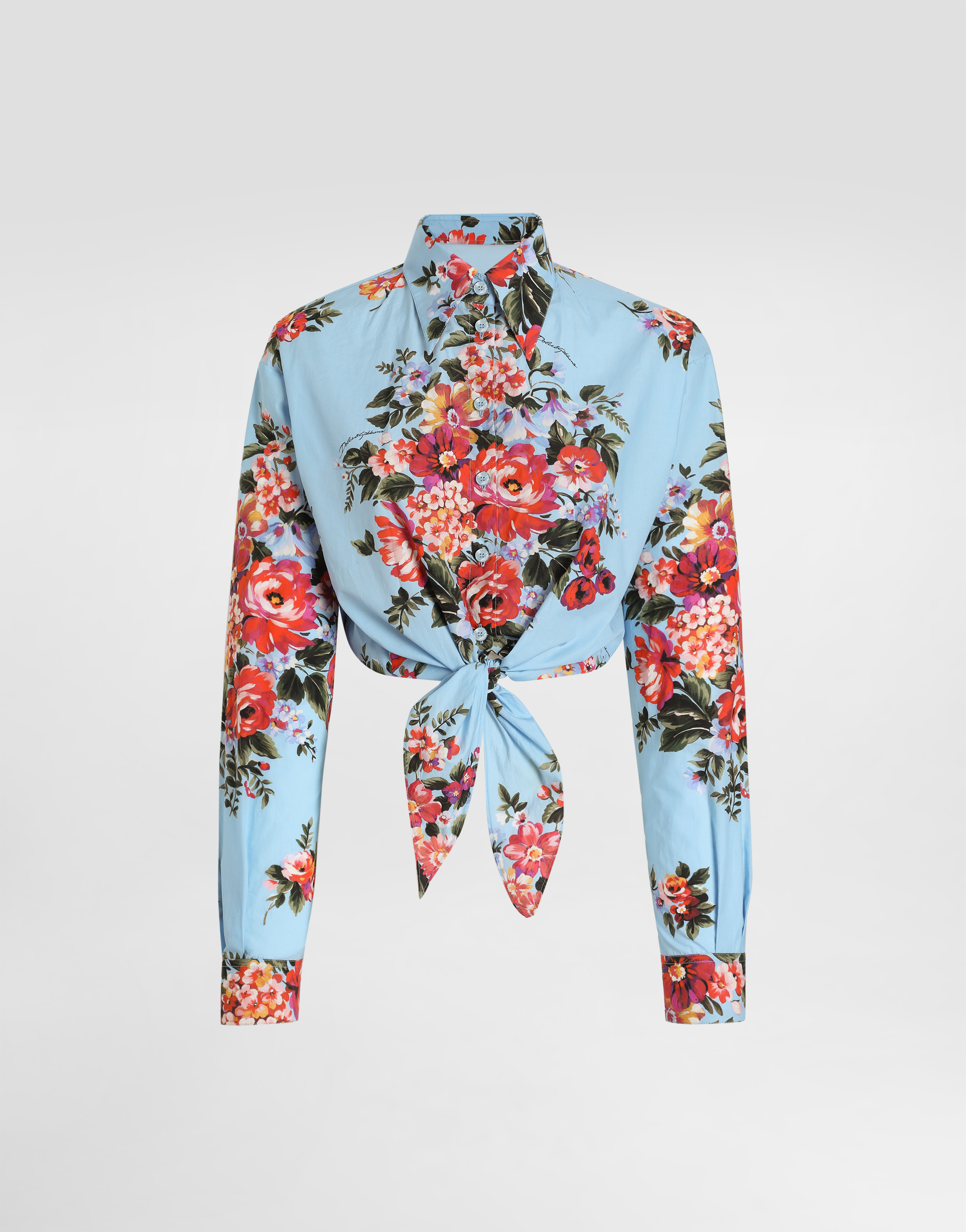 Dolce & Gabbana Cotton Shirt With A Bouquet Of Flowers Print In Blue
