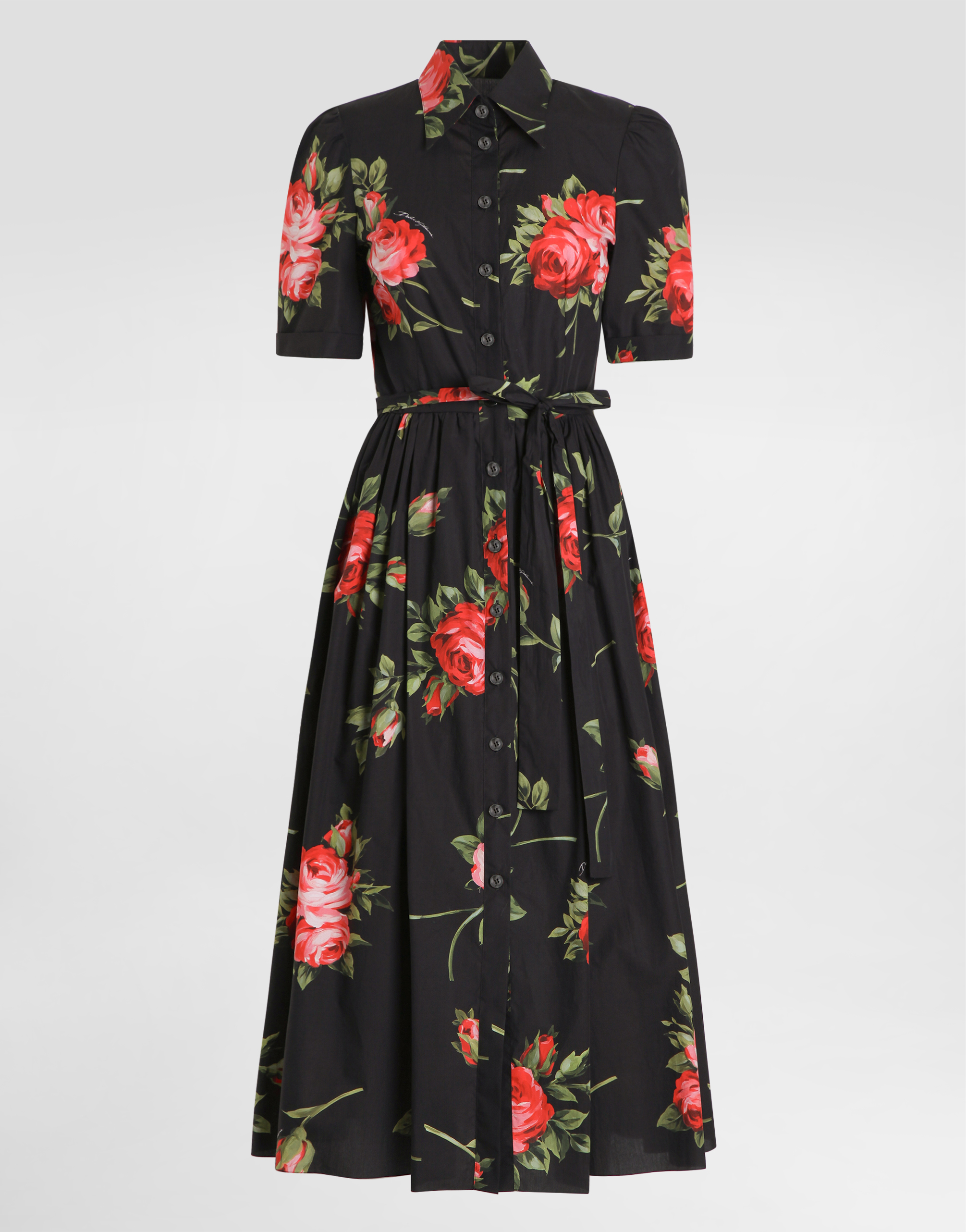 Rose bouquet-print poplin shirt dress