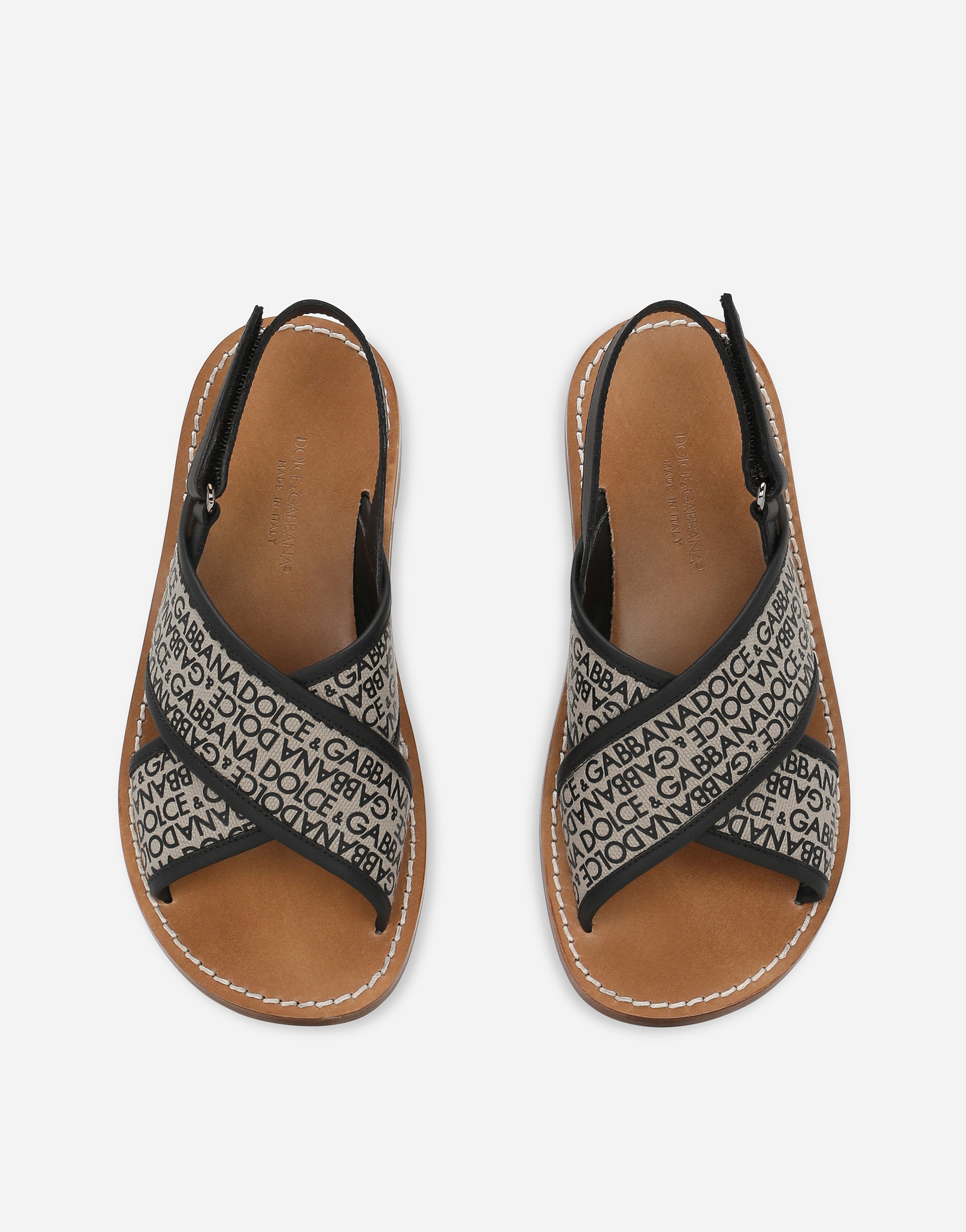 Dolce & Gabbana Canvas Sandals With Dolce&gabbana Logo Print In Beige