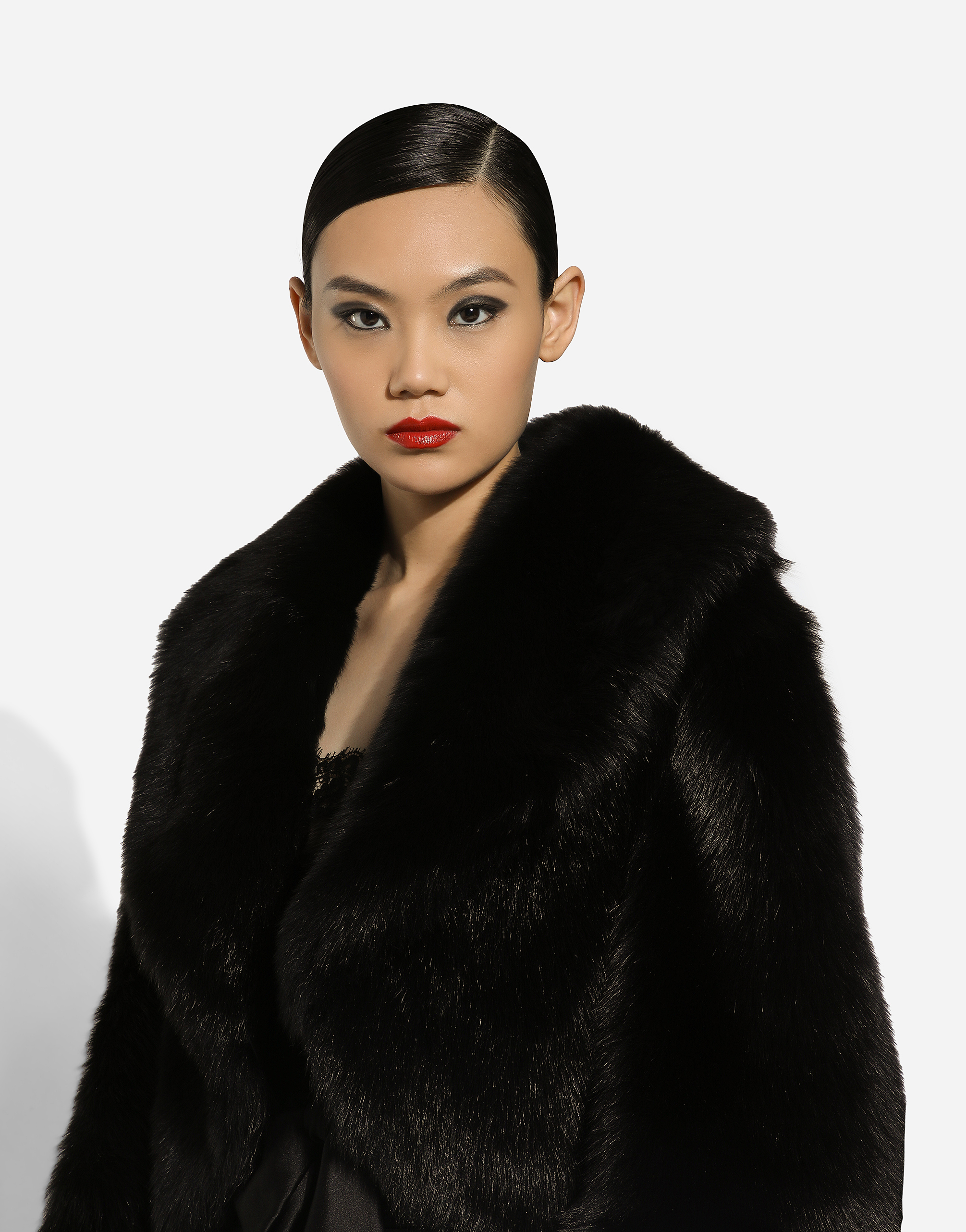 Dolce & Gabbana Belted Faux-fur Jacket In Black
