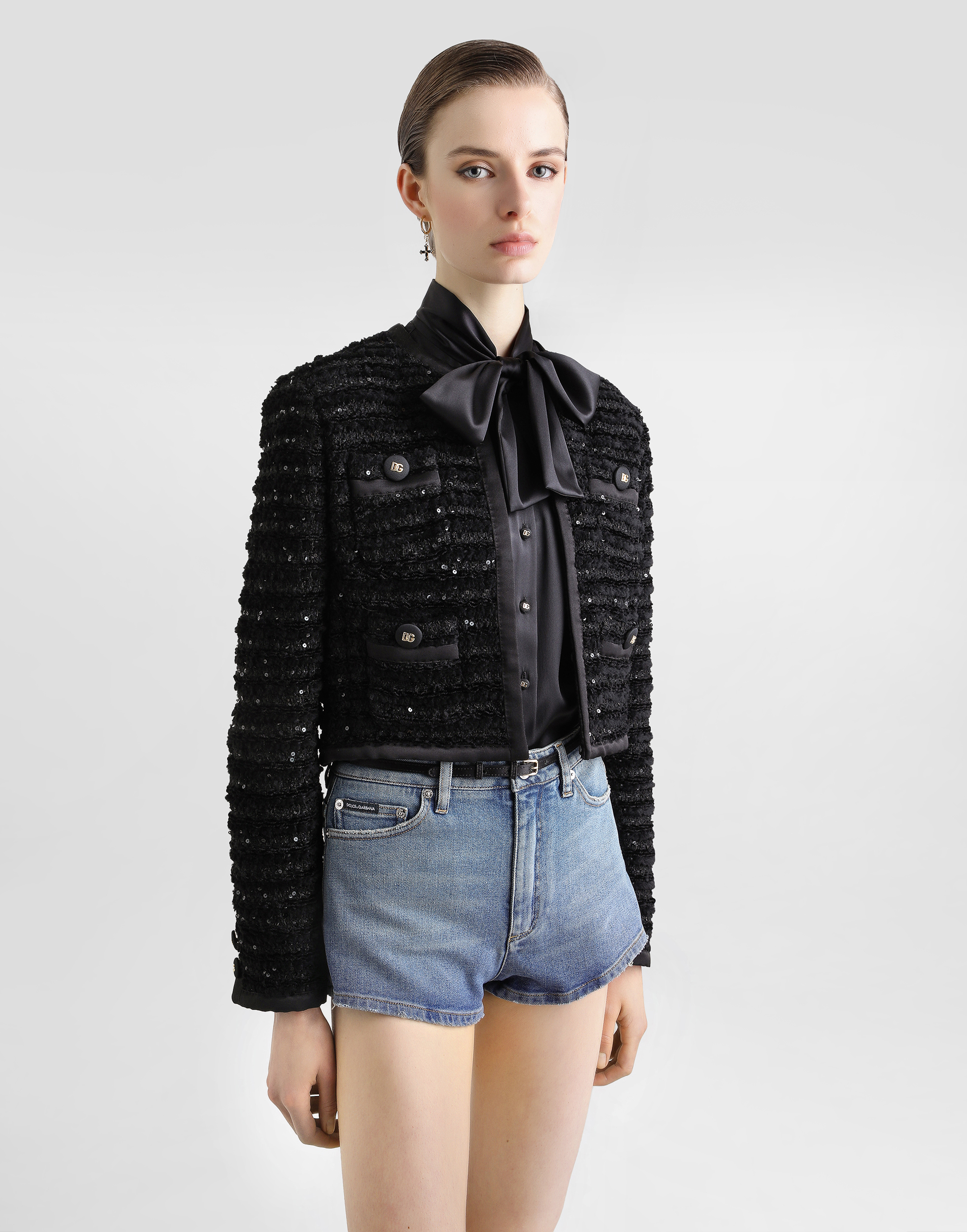 Dolce & Gabbana Short Single-breasted Tweed Jacket With Micro-sequin Embellishment In Black