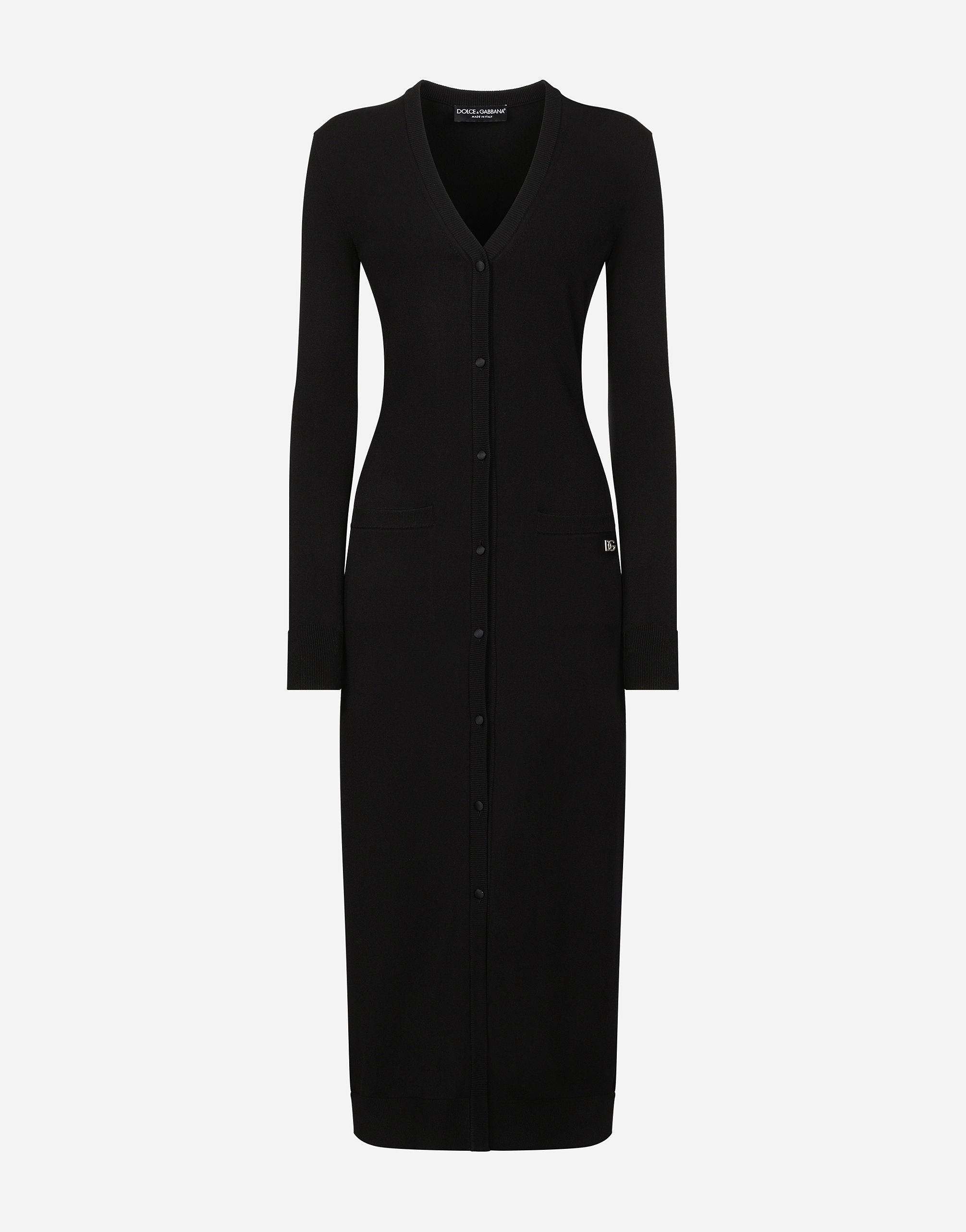 Dolce & Gabbana Long Stretch Viscose Knit Cardigan With Dg Logo - Woman Sweaters And Cardigans Black