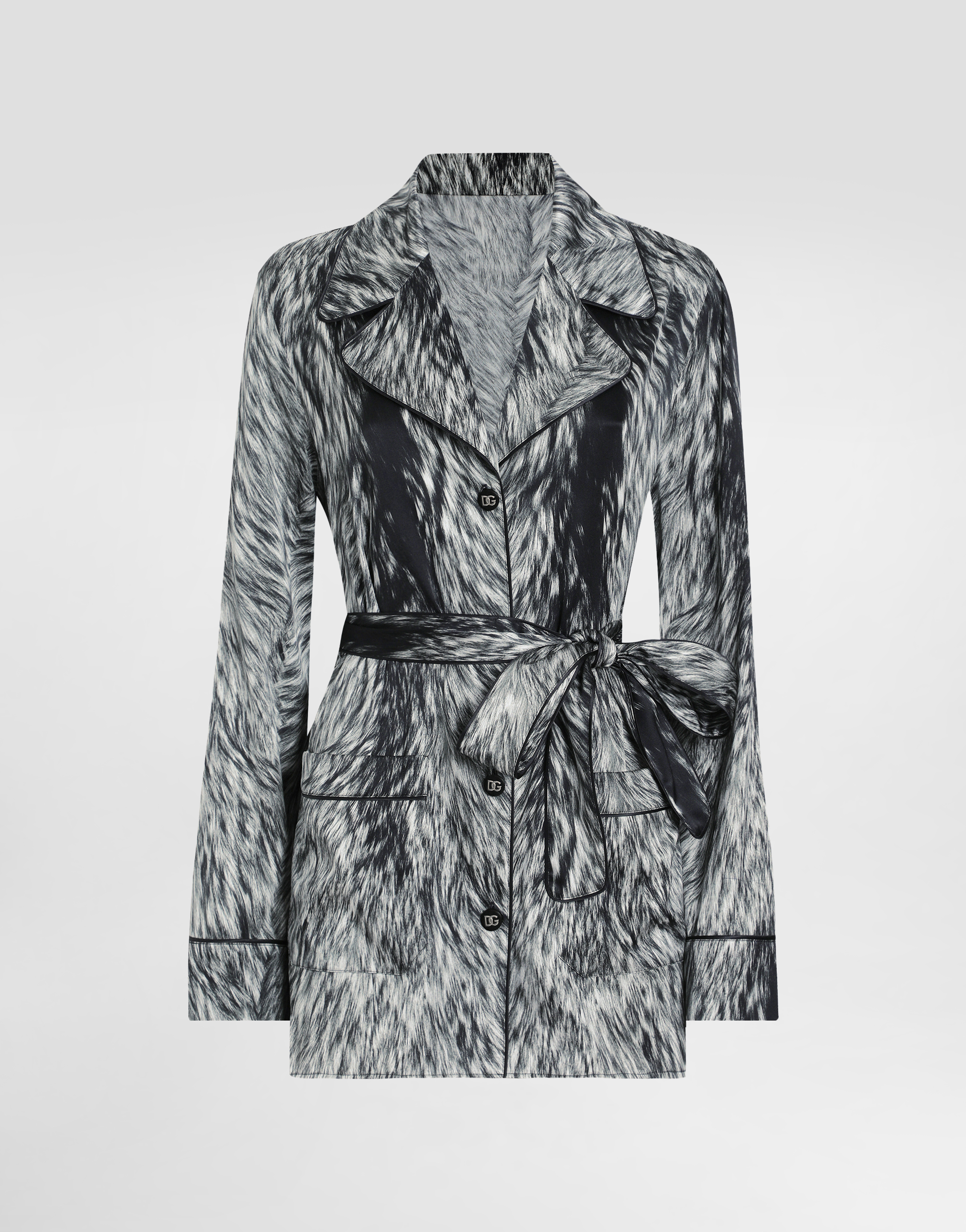 Dolce & Gabbana Silk Satin Pajama Shirt With Fur Print In Grey