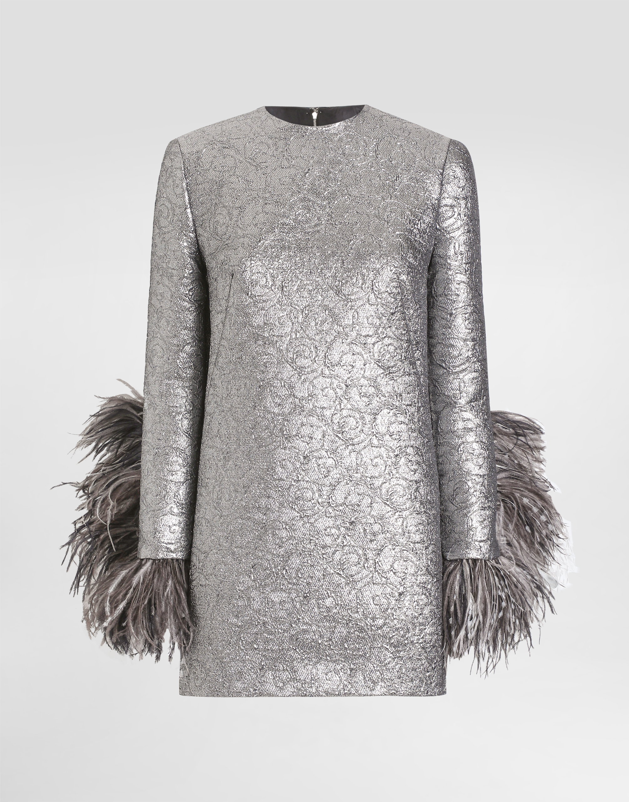 Dolce & Gabbana Quilted Lamé Jacquard Sack Minidress With Feathered Cuffs - Woman Dresses Silver