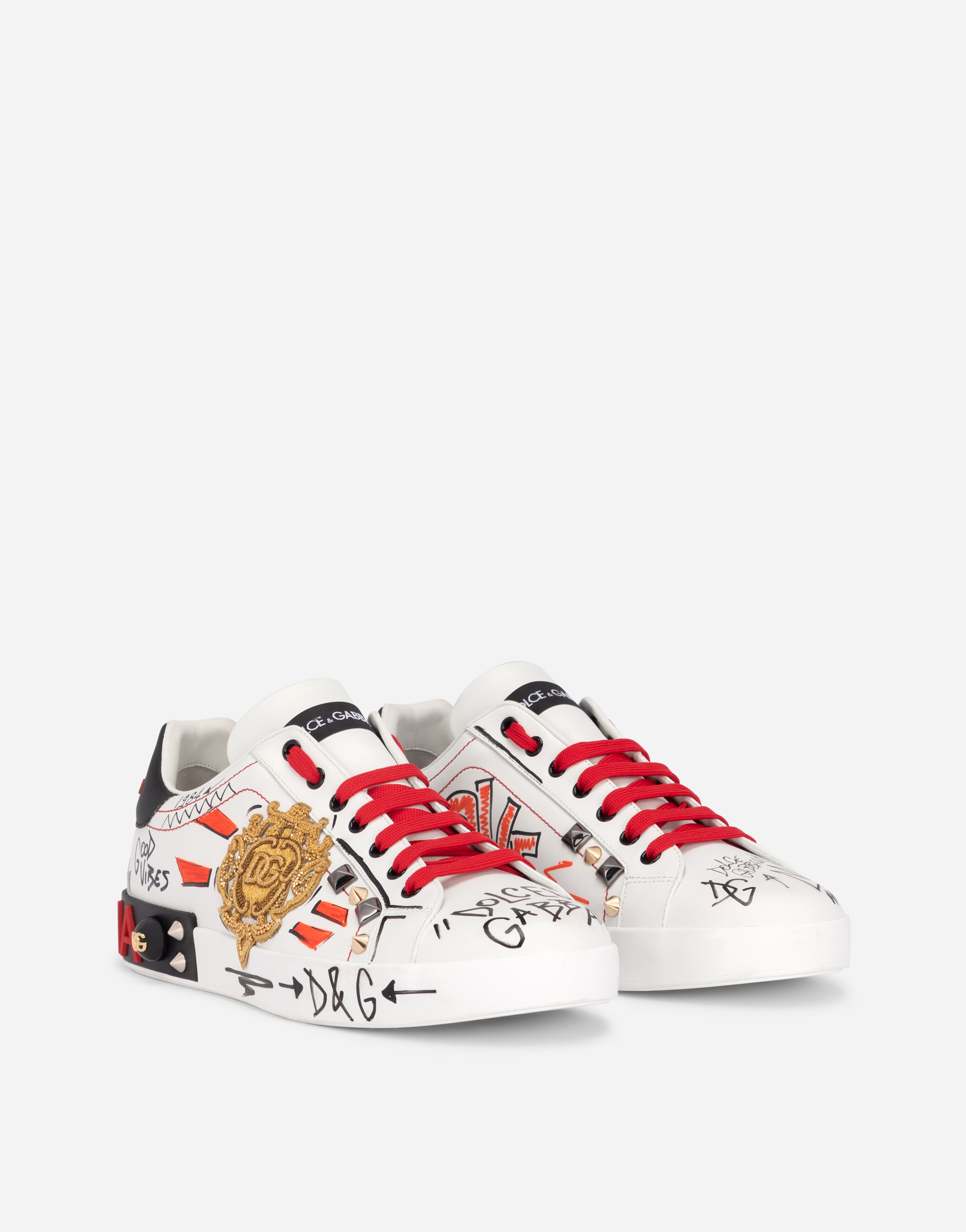 Dolce & Gabbana Calfskin Portofino Sneakers With Embroidery And Studs In Multicolor
