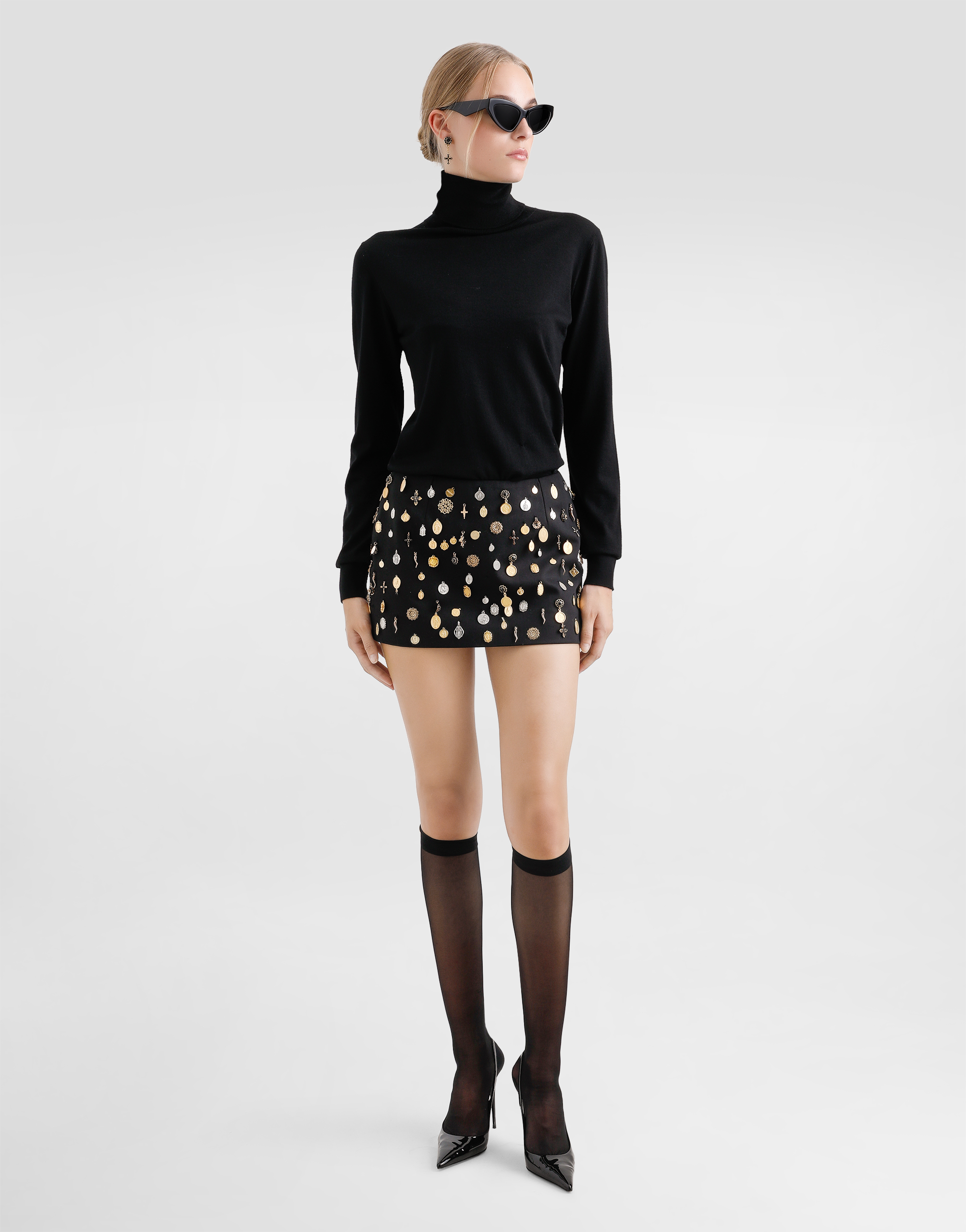 Cotton canvas miniskirt with all-over small medal embroidery