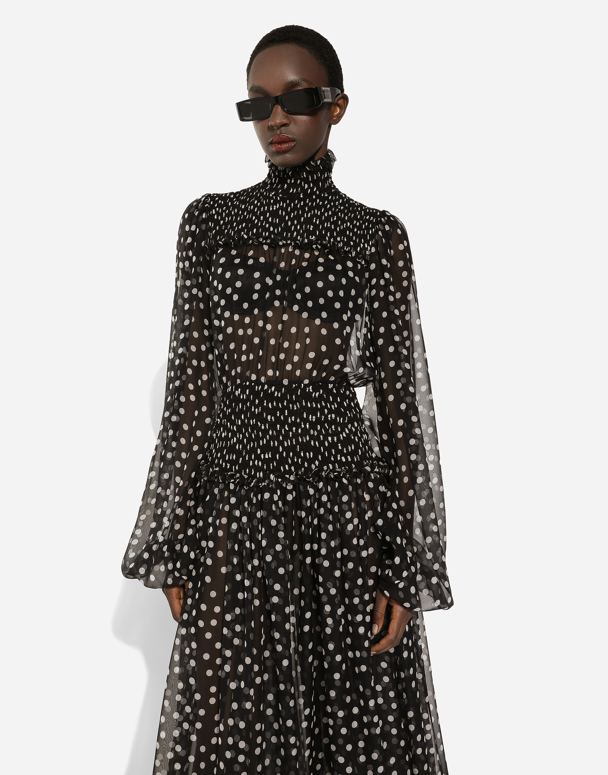 Shop Dolce & Gabbana Chiffon Midi Dress With Smock Stitching And Micro-polka Dot Print