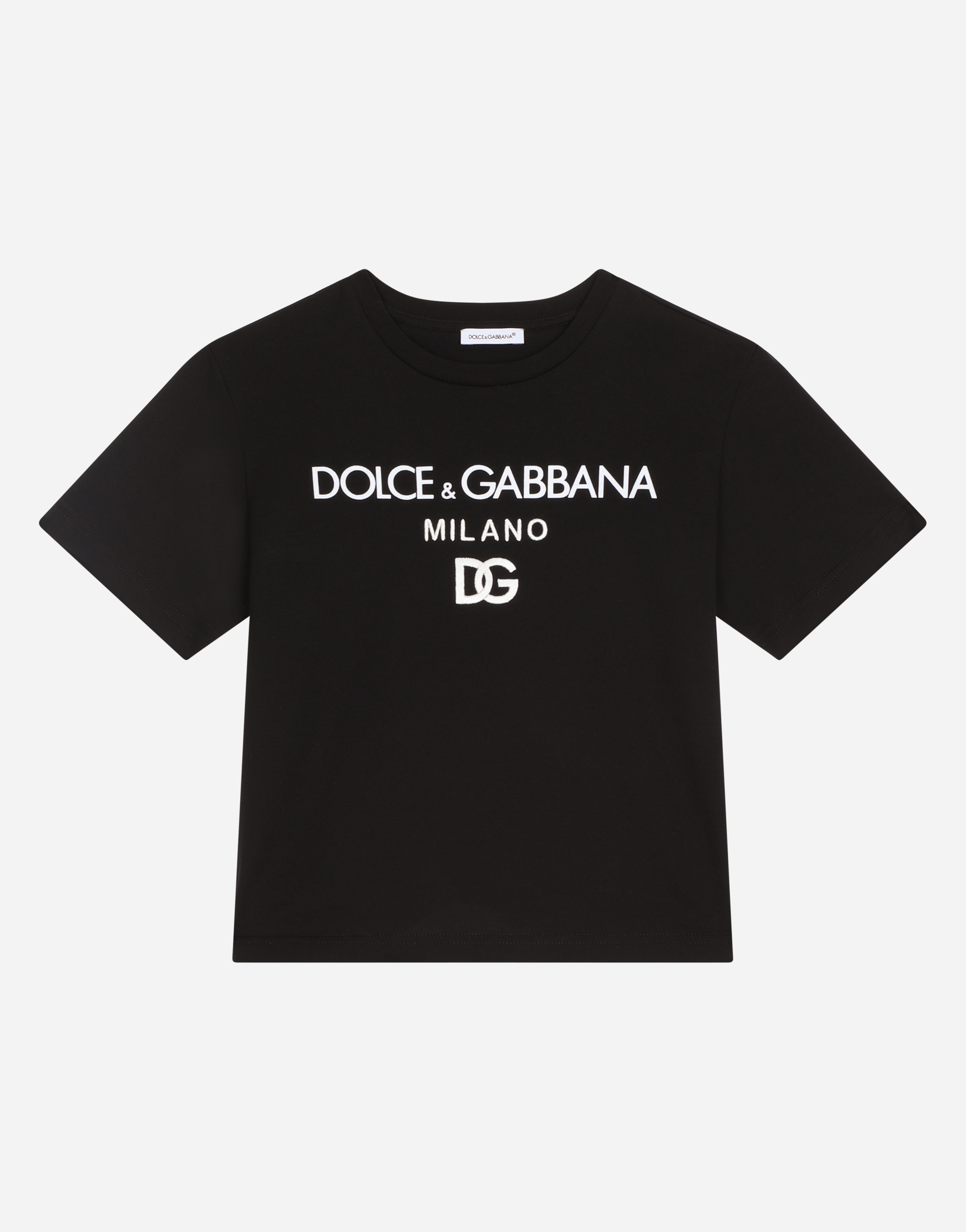 Dolce & Gabbana Kids' Jersey Round-neck T-shirt With Dg Milano Embroidery In Black
