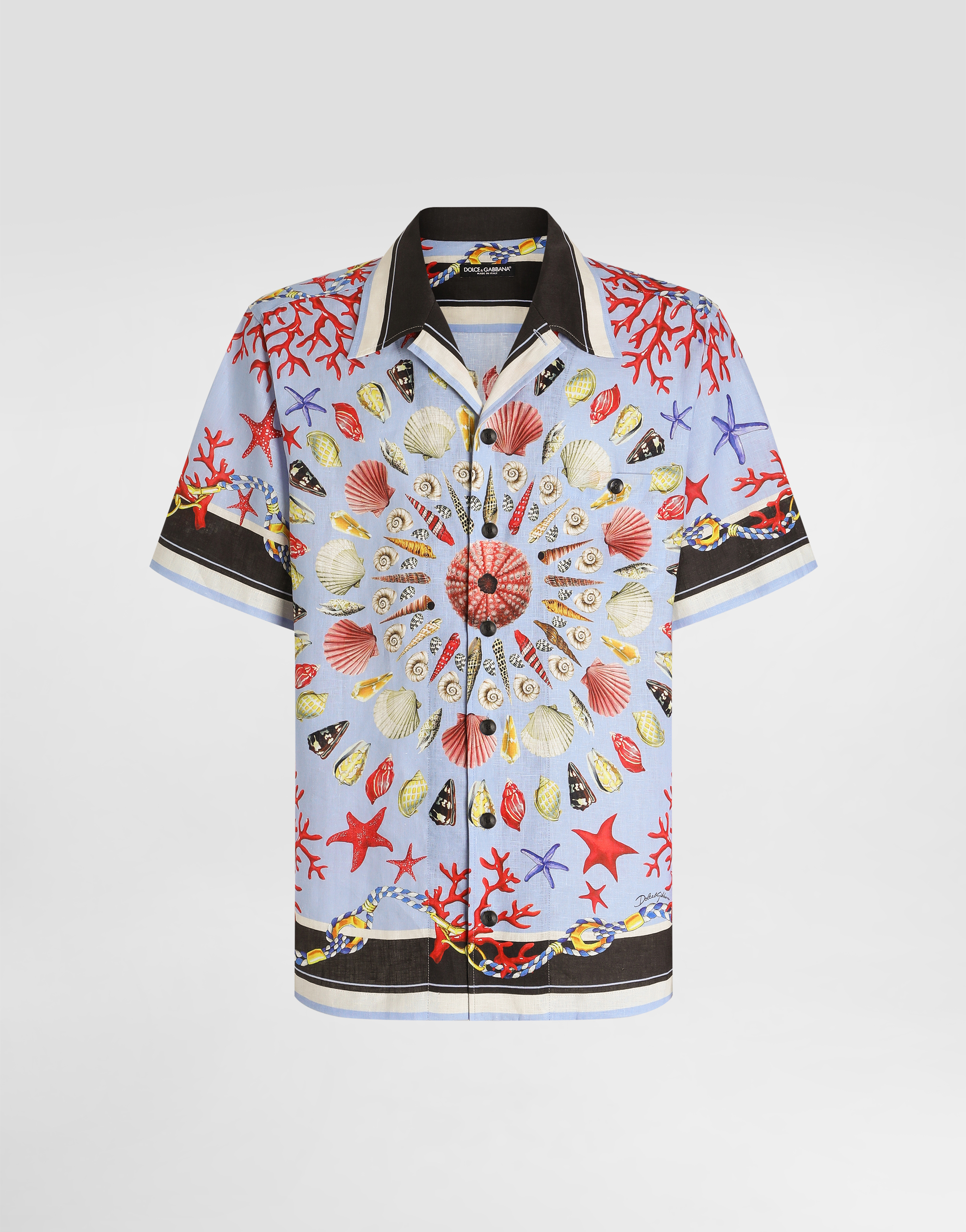 Dolce & Gabbana Multicolor Bowling Shirt With Cuban Collar And All-over Print In Linen Man In Blue