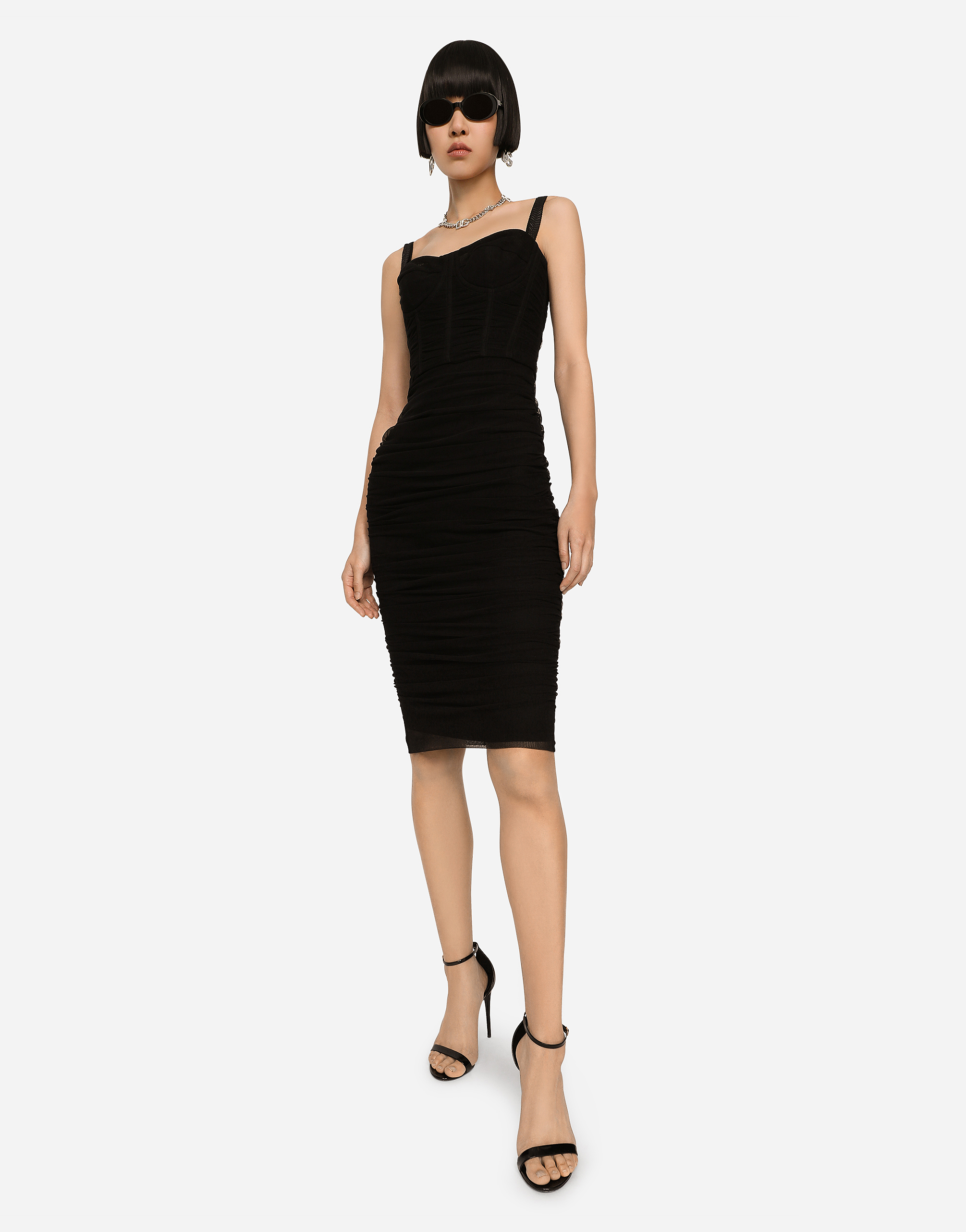 Dolce & Gabbana Ruched Stretch Cotton-blend Tulle Midi Dress In Black
