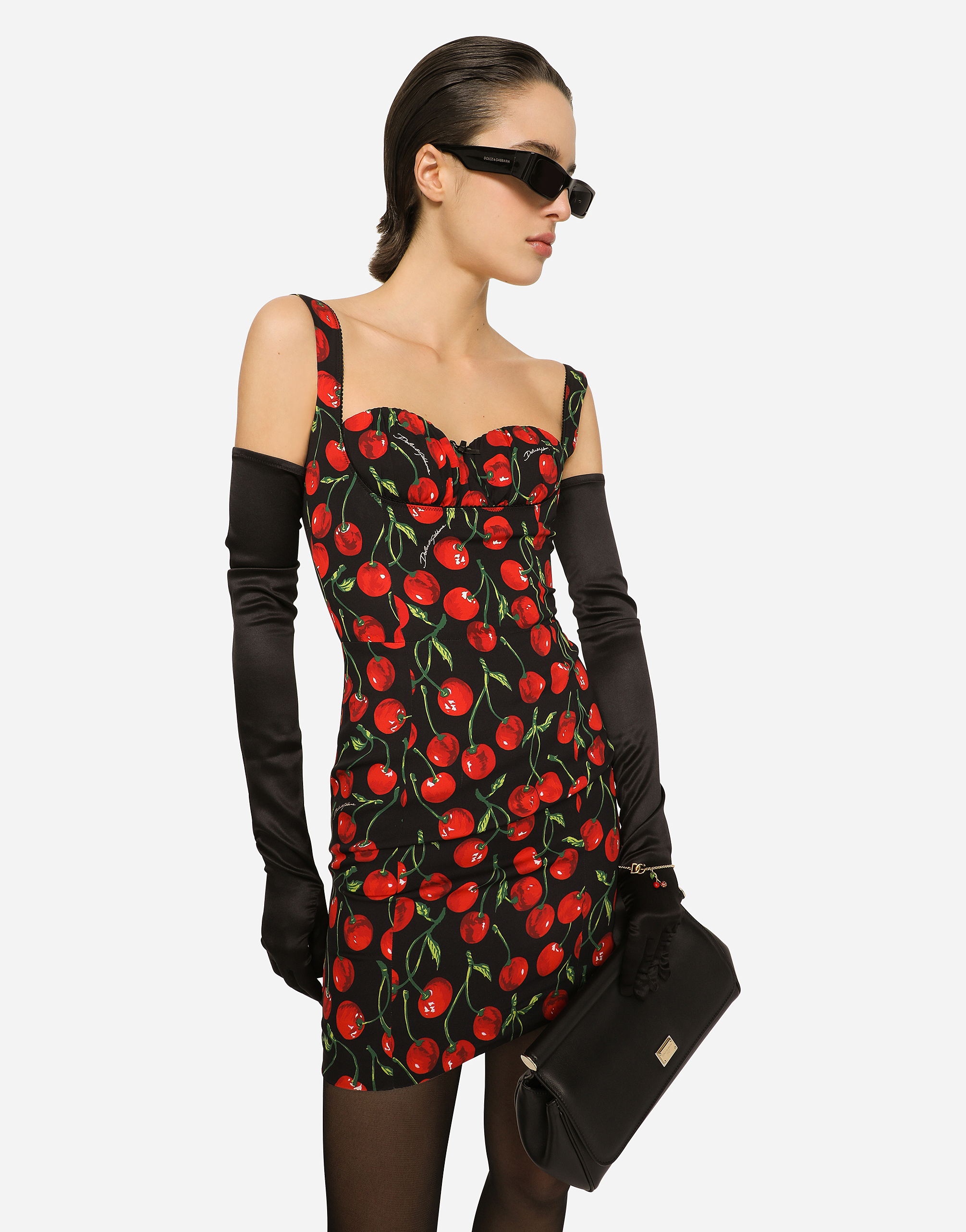 Shop Dolce & Gabbana Short Cherry-print Charmeuse Dress In Multicolor