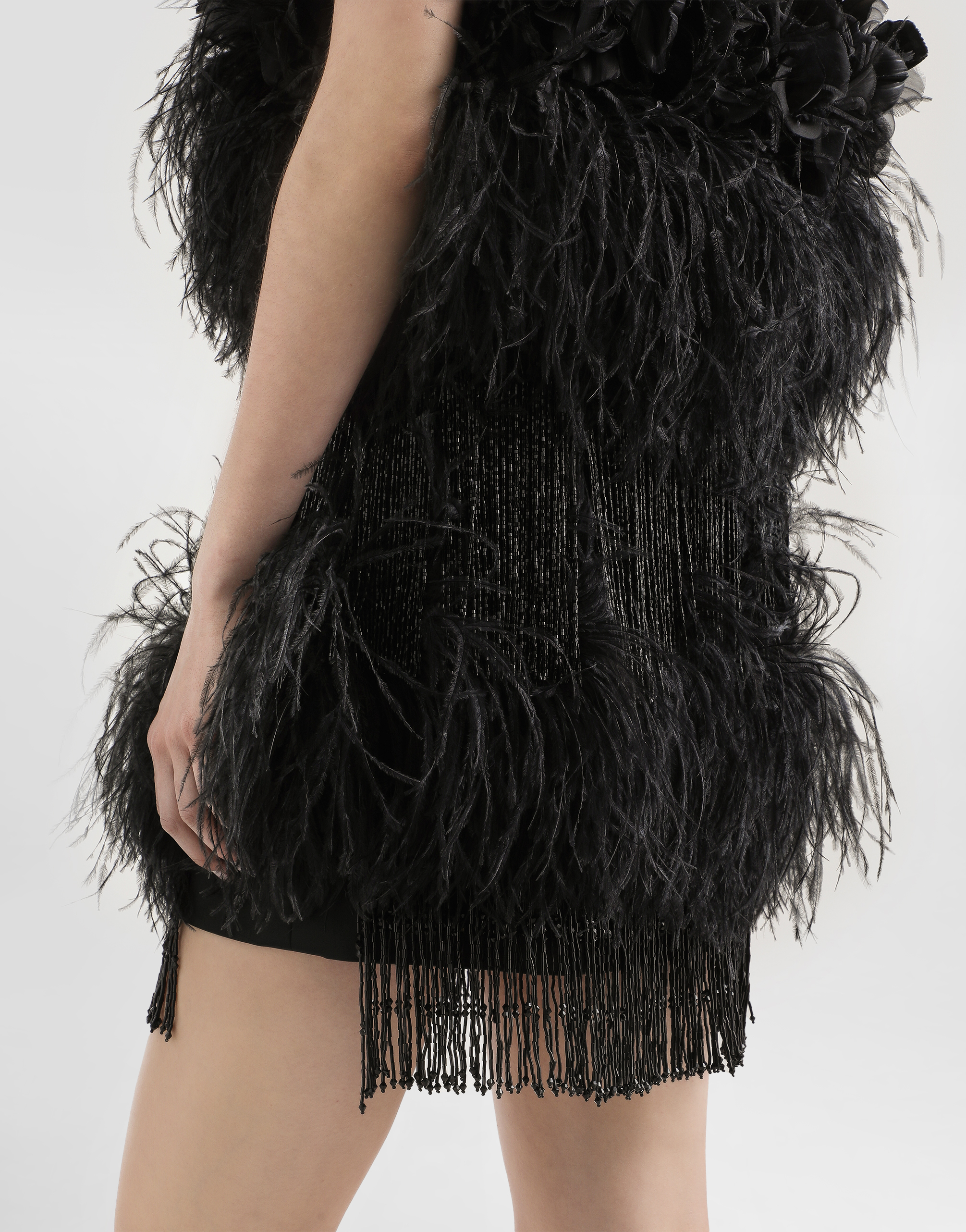Dolce & Gabbana Satin Dress With Feathers In Black