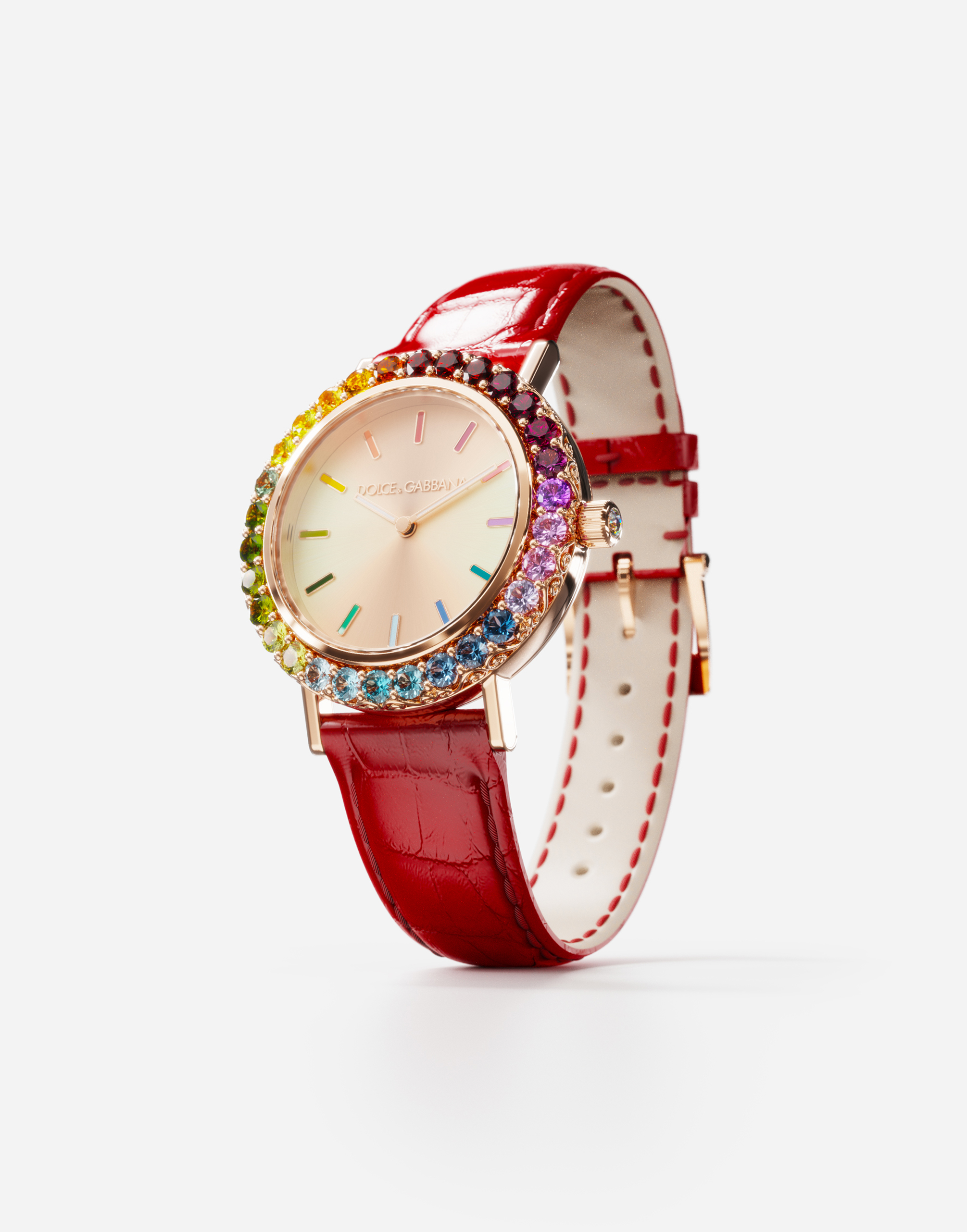 Shop Dolce & Gabbana Iris Watch In Rose Gold With Multi-colored Fine Gems In Red