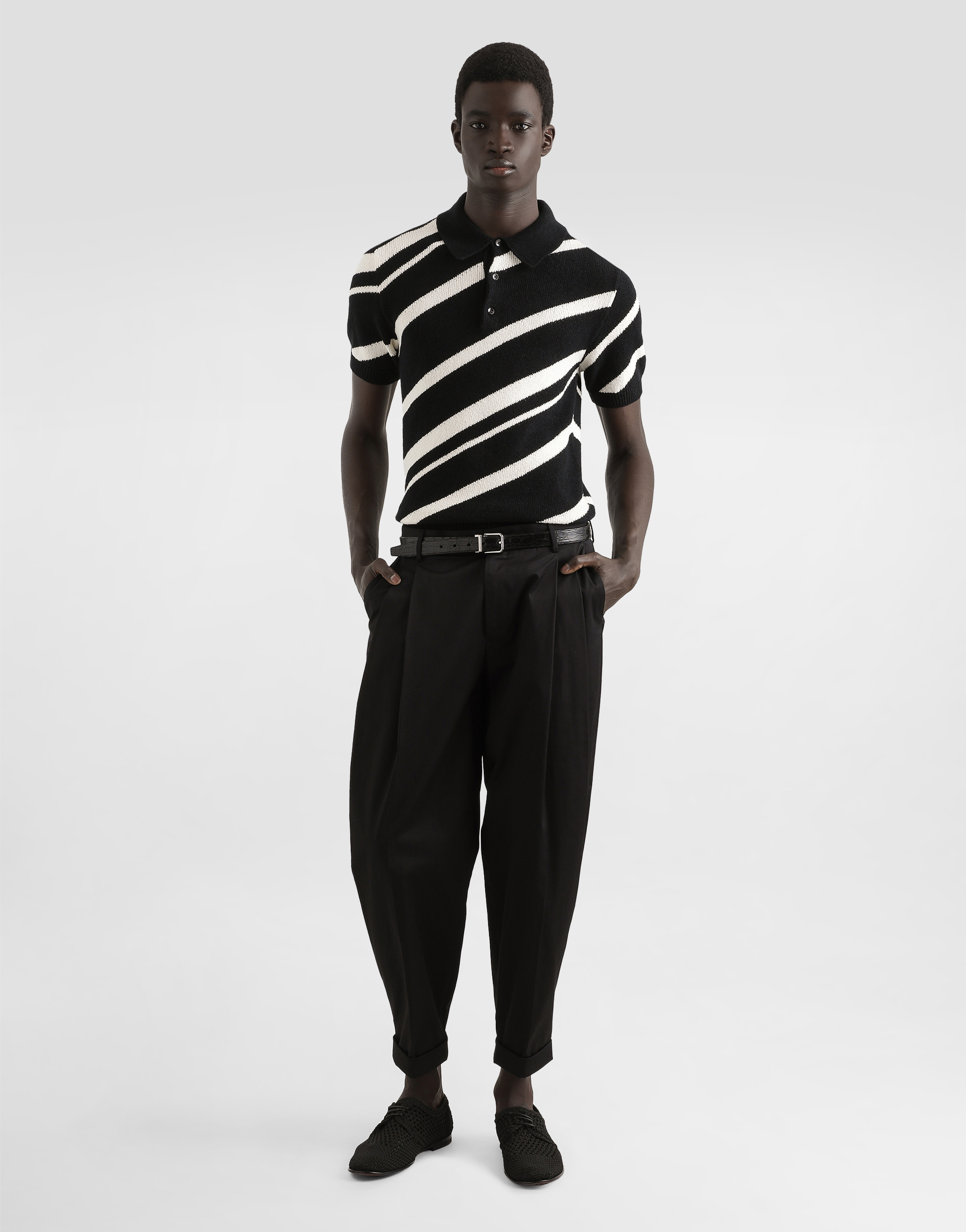 Short-sleeved cotton polo-shirt with striped inlay