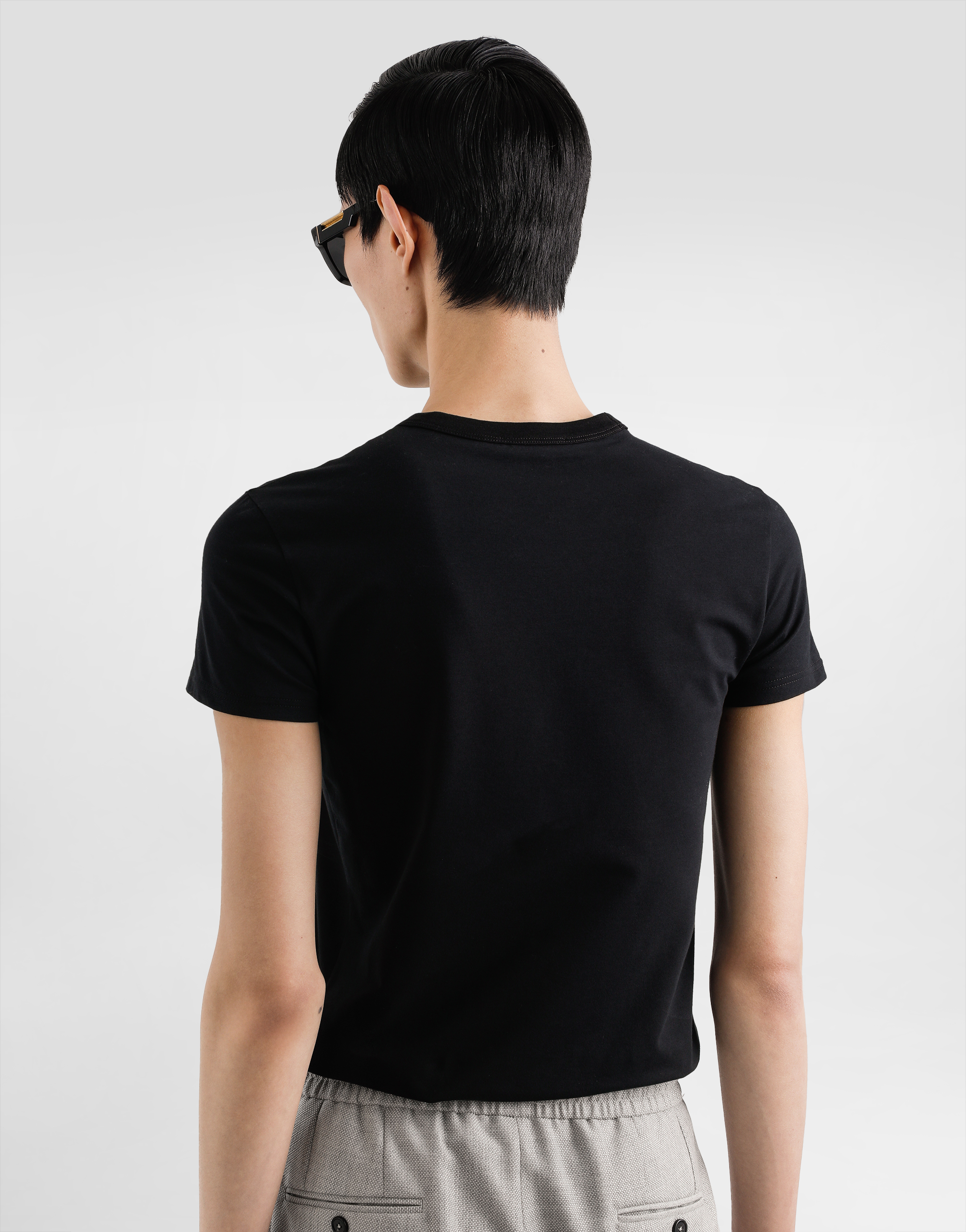 Dolce & Gabbana Black Crewneck T-shirt With Tonal Logo Lettering Embroidery On The Front In Cotton Stretch Man In Black