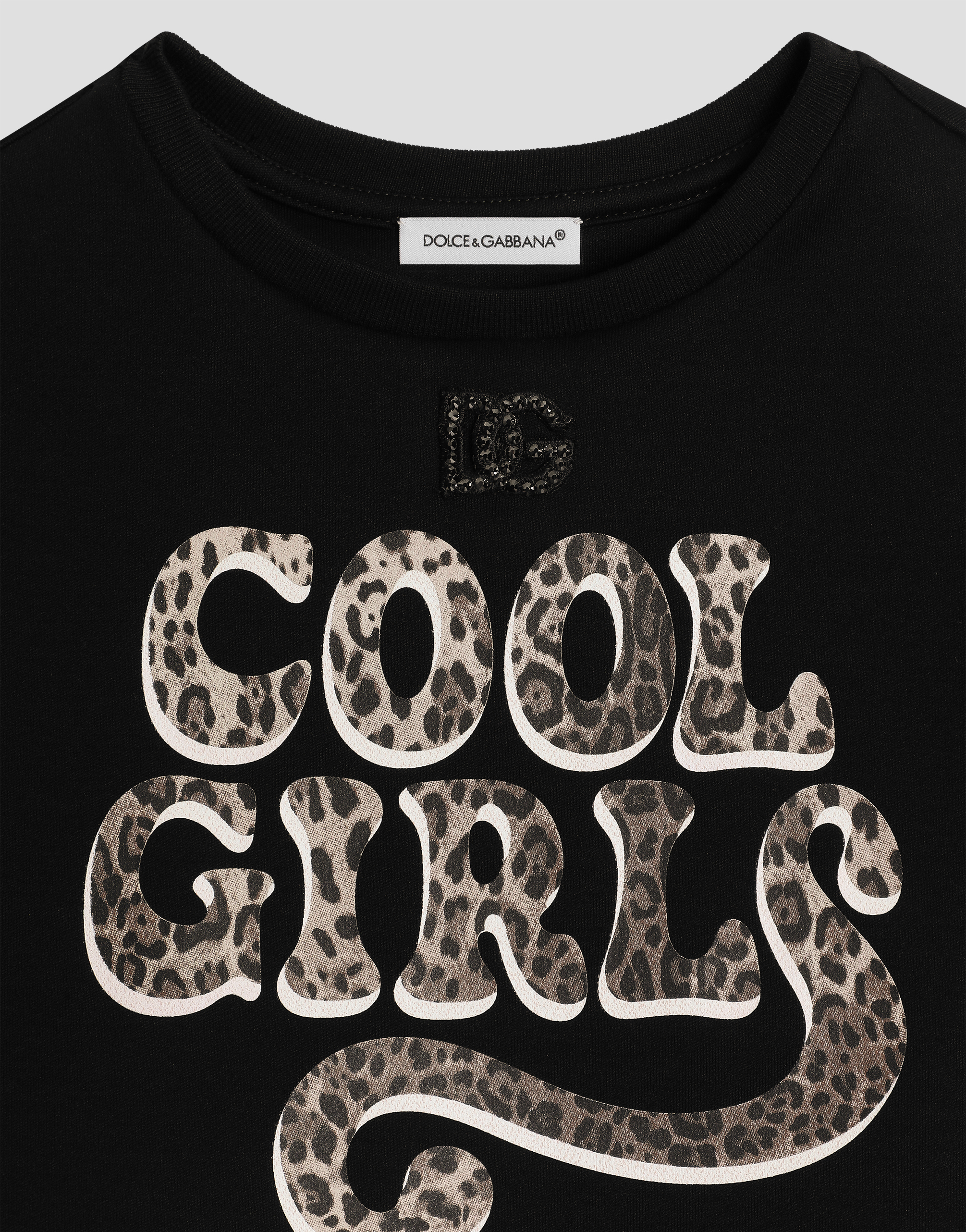 Terry-effect interlock t-shirt with print and rhinestones