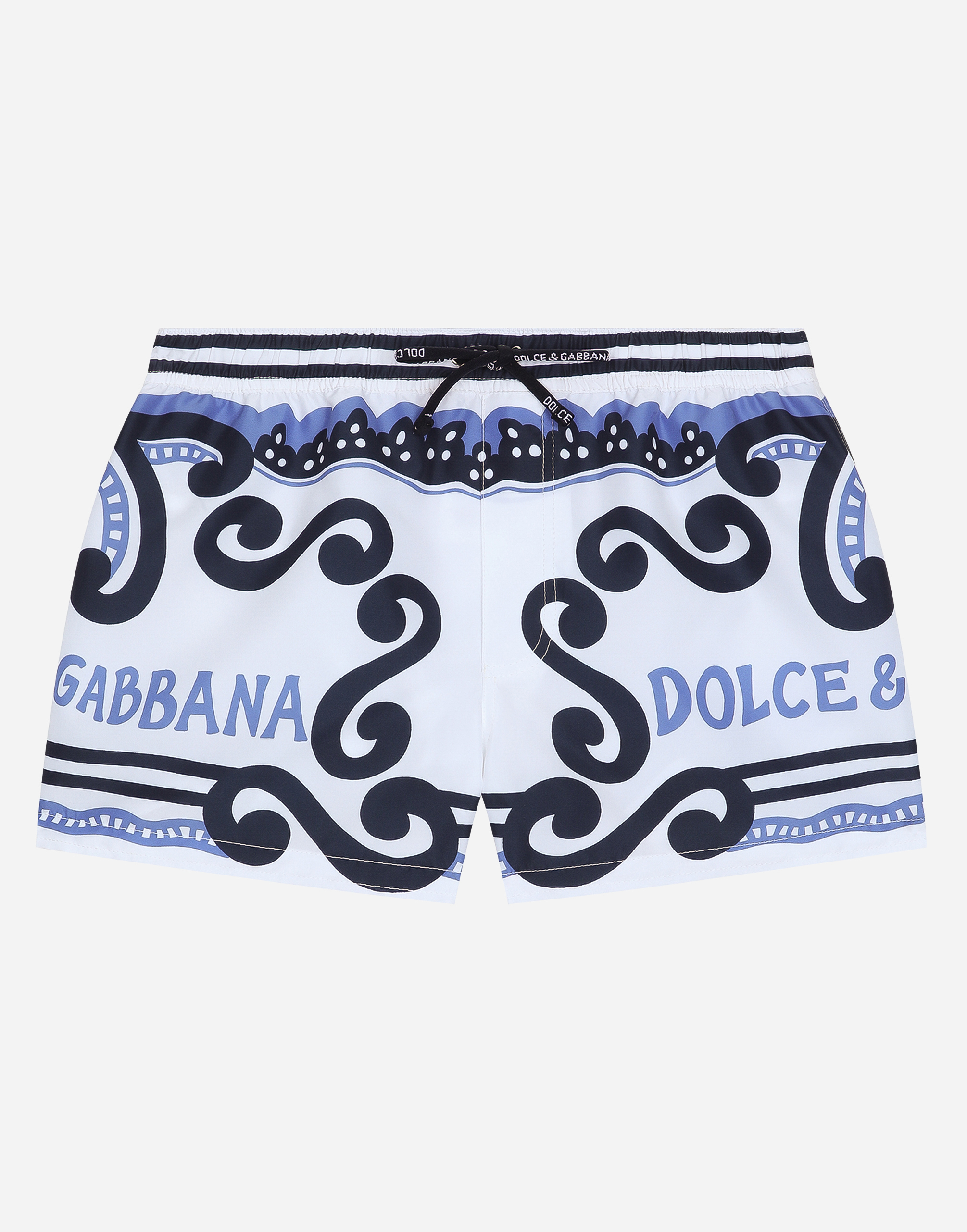 Dolce & Gabbana Nylon Swim Trunks With Marina Print - Man Beachwear Azul Claro 2 Years