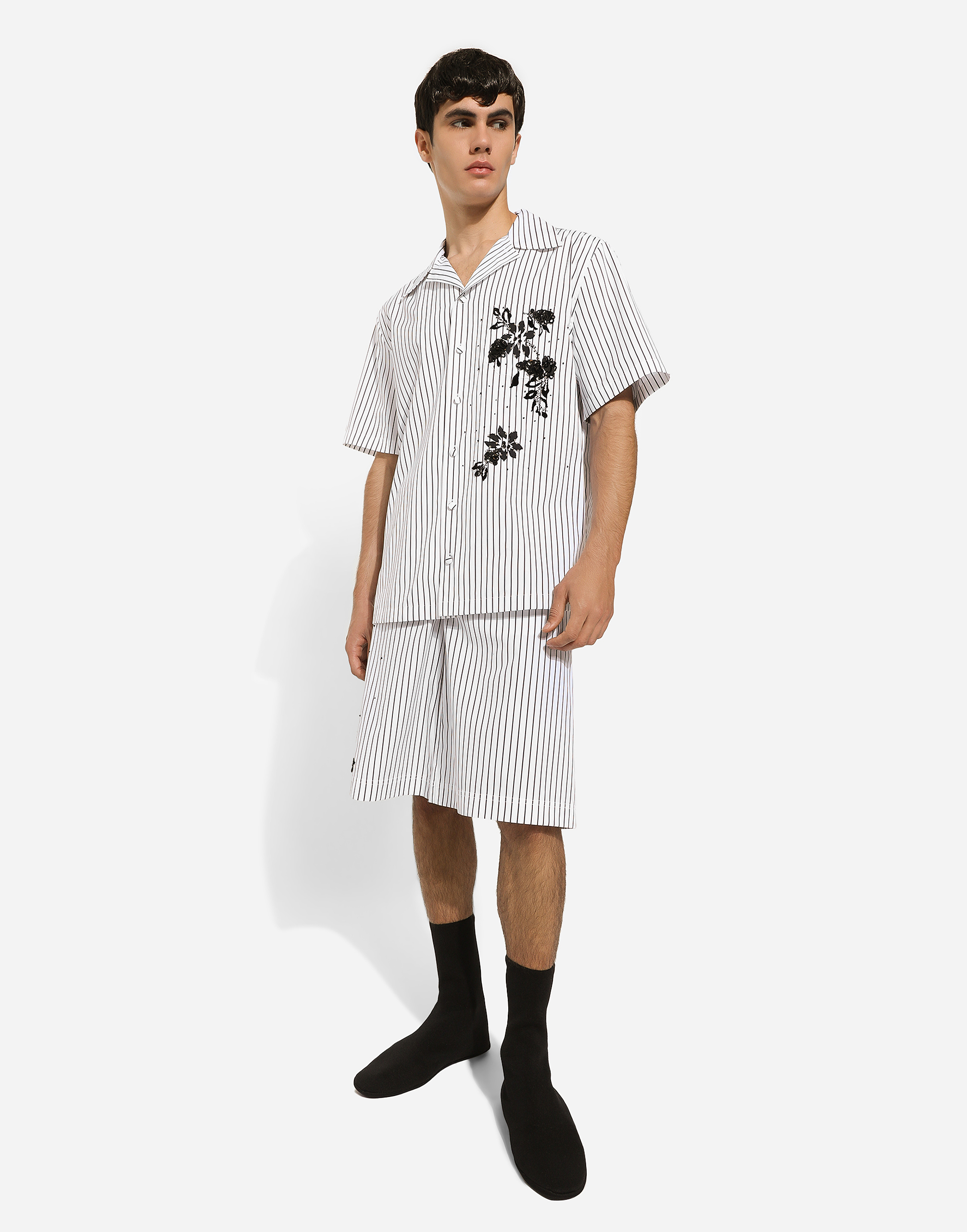 Dolce & Gabbana Pinstriped Cotton Shorts With Sequined Embroideries In ホワイト