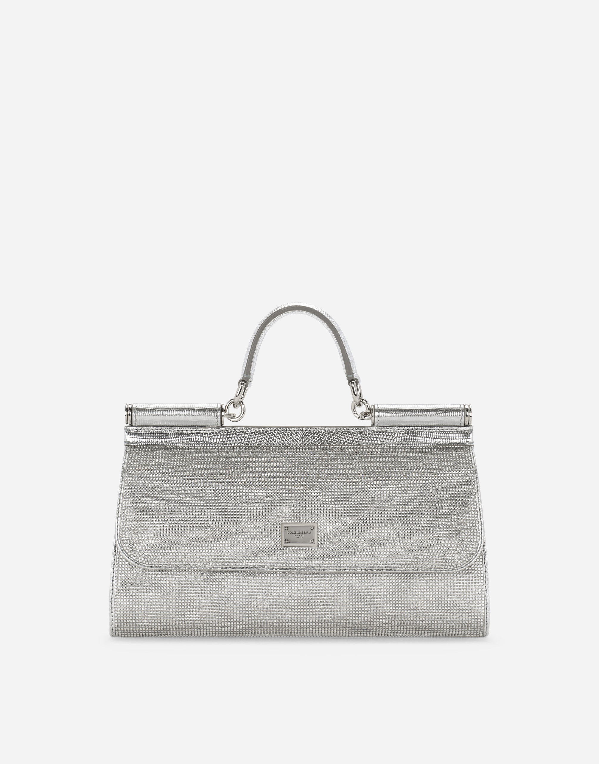 Dolce & Gabbana Satin Sicily Bag With Fusible Rhinestones - Woman Handbags Silver Viscose Onesize