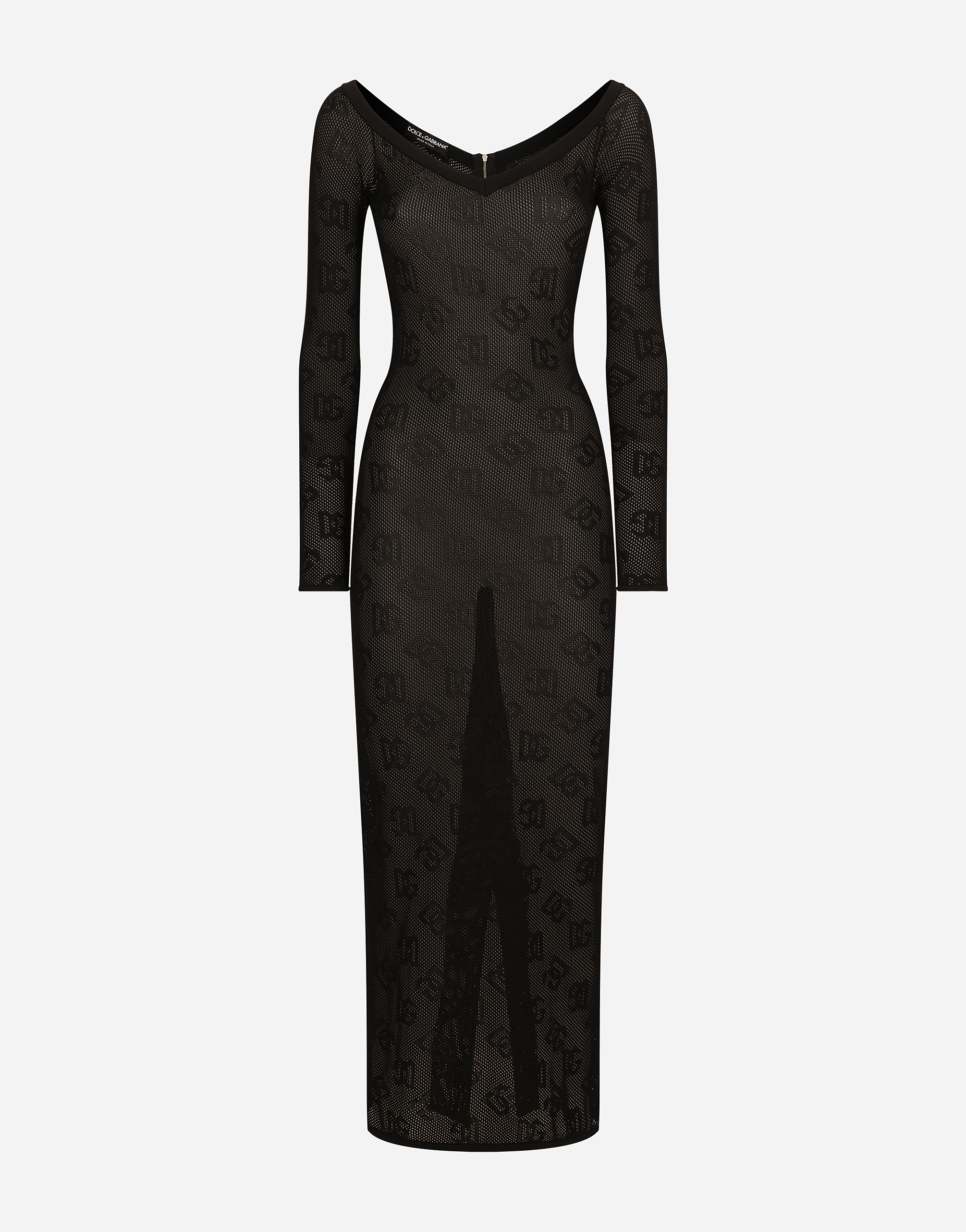 Dolce & Gabbana Mesh-stitch Sheath Dress With Jacquard Dg Logo - Woman Dresses Black