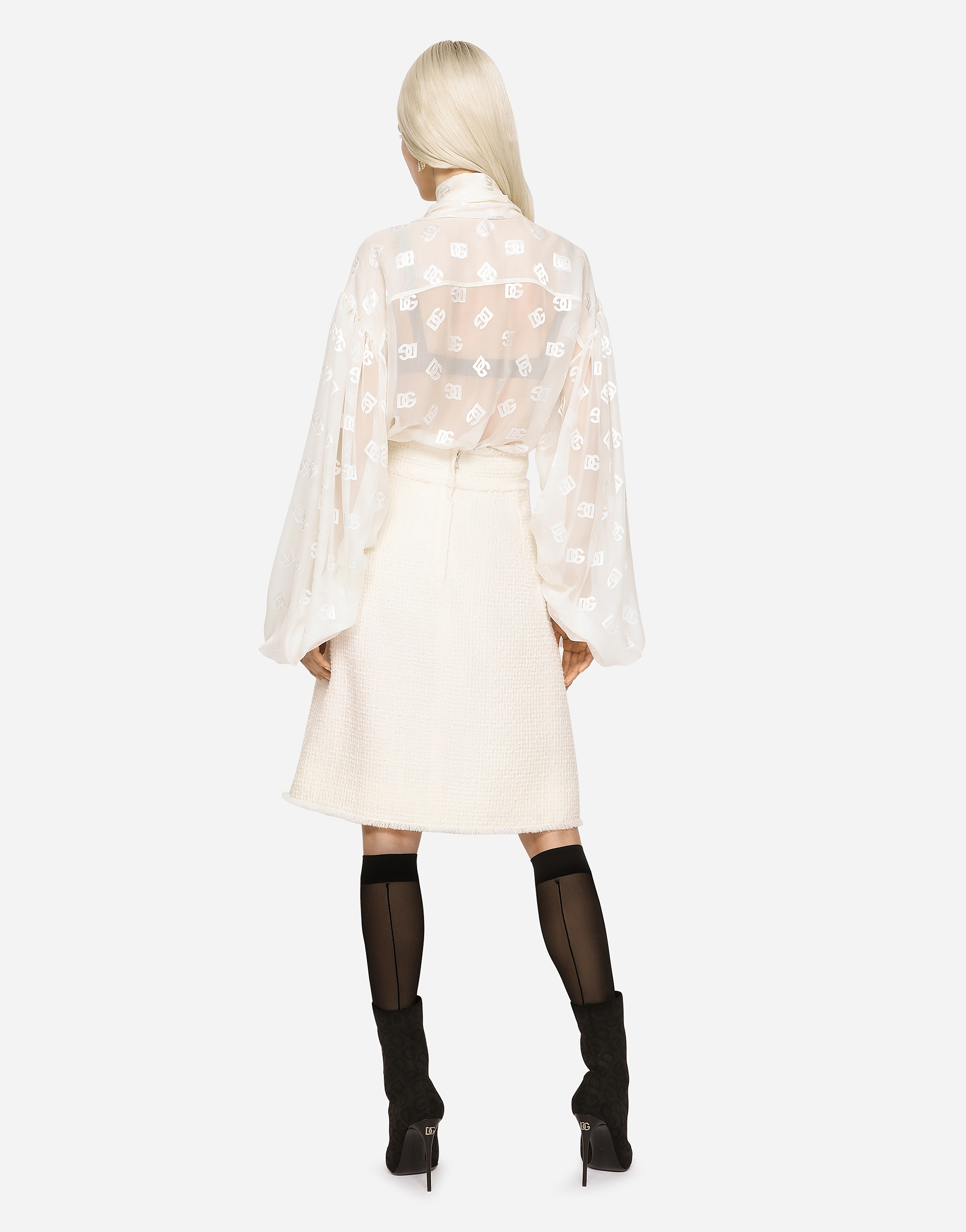 Dolce & Gabbana Devoré Satin Pussy-bow Shirt With All-over Dg Logo In White
