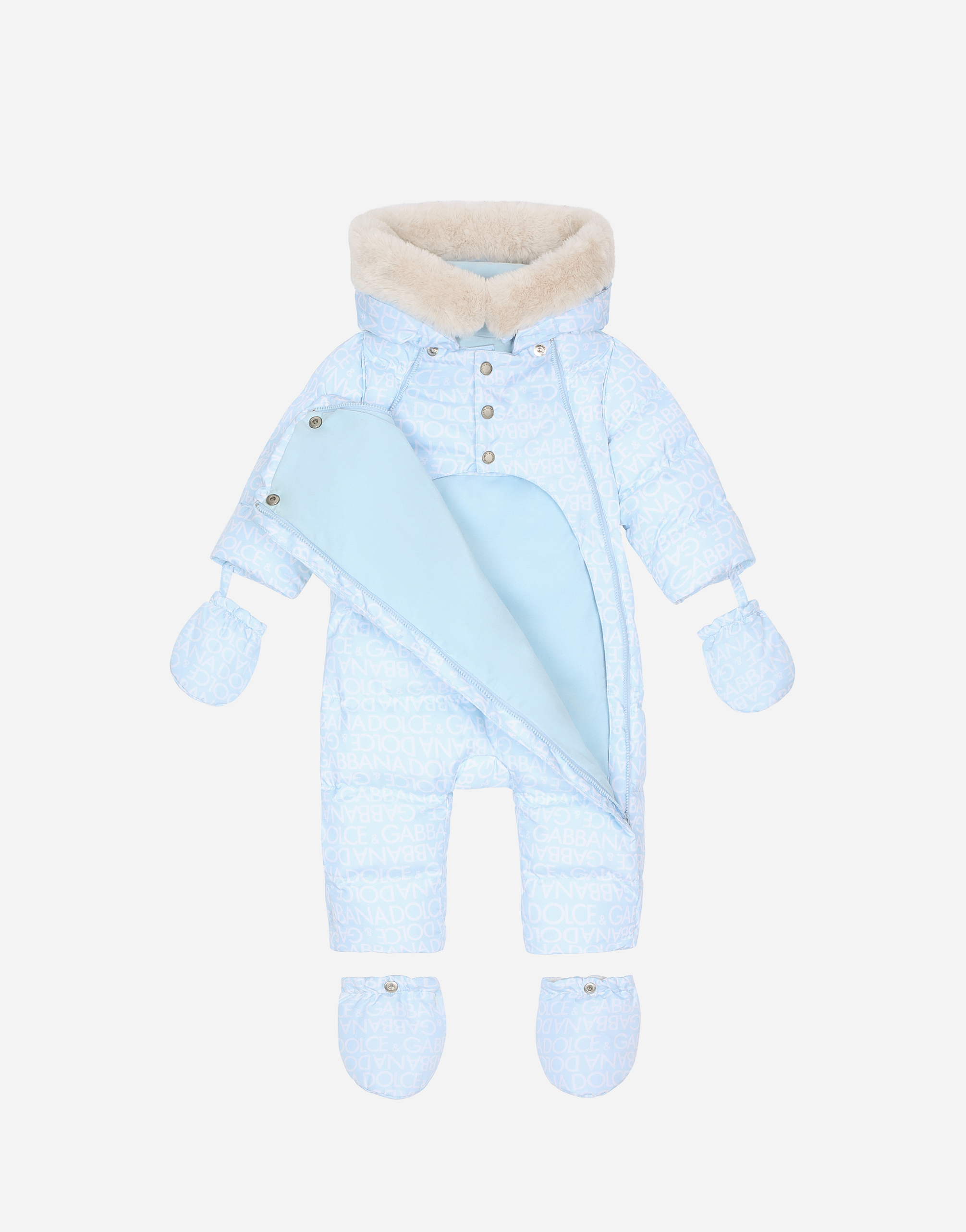 DOLCE & GABBANA PADDED QUILTED NYLON SNOWSUIT WITH ALL-OVER LOGO PRINT