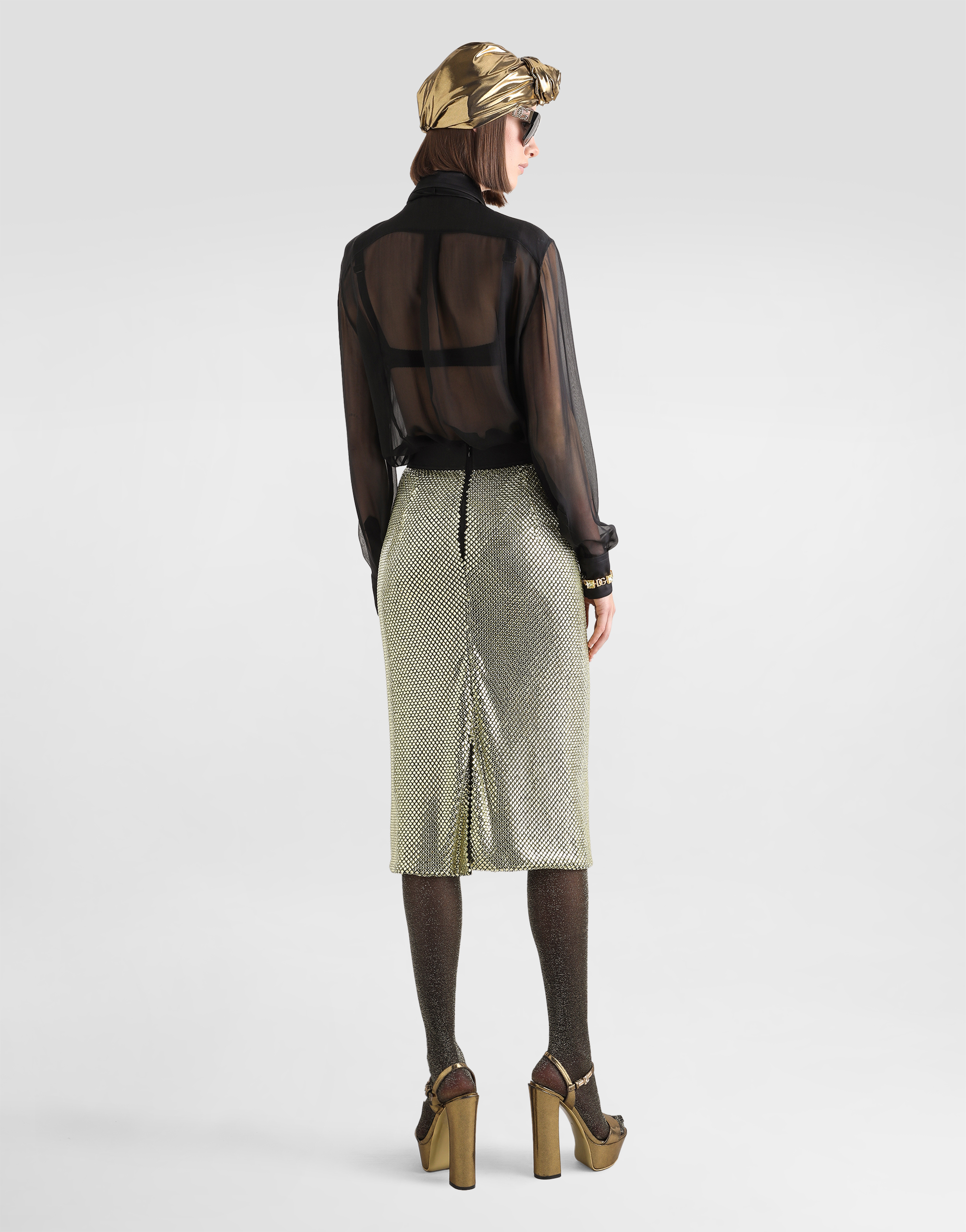 Dolce & Gabbana Midi Pencil Skirt In Crystal Mesh In Oro