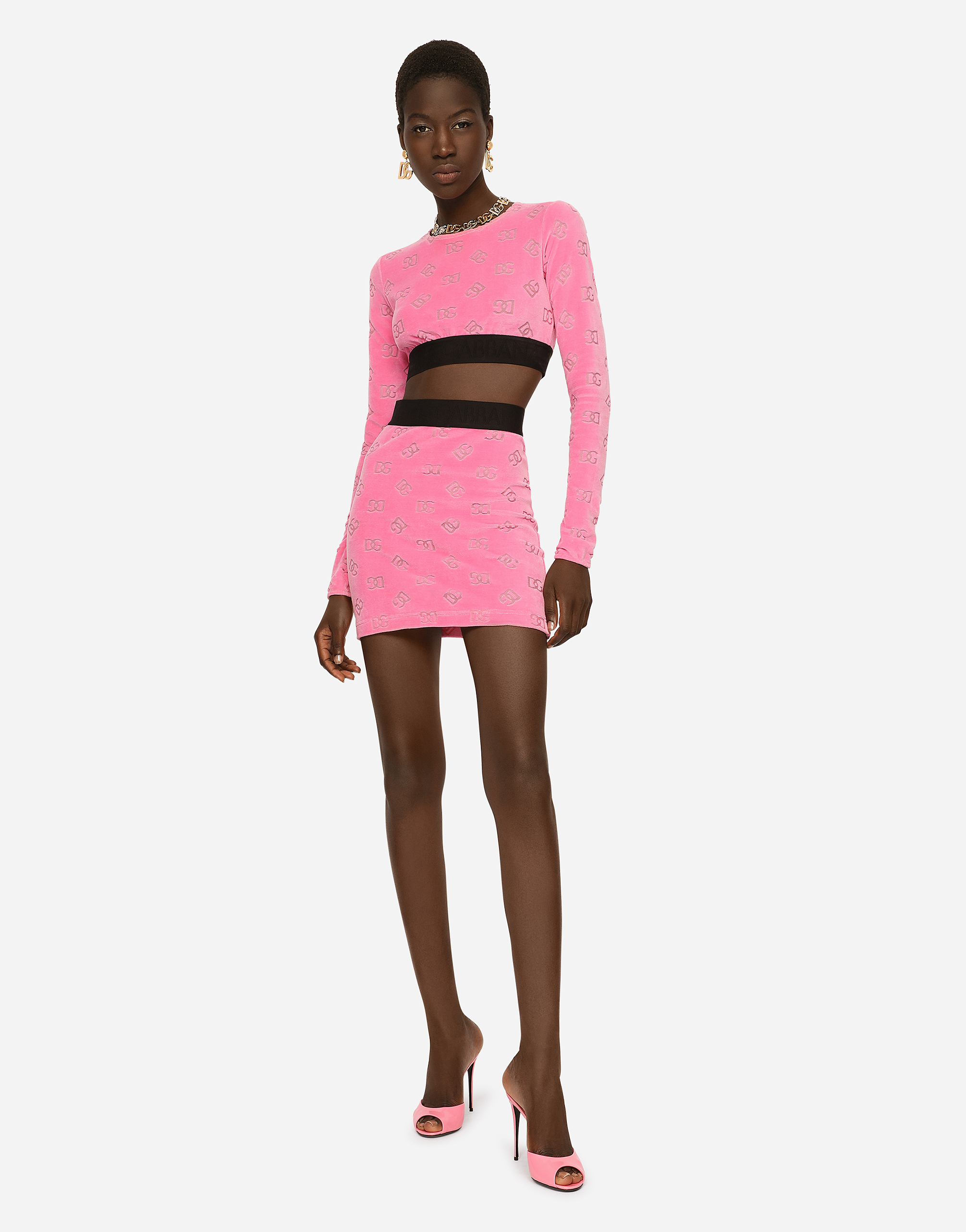 DOLCE & GABBANA FLOCKED JERSEY T-SHIRT WITH ALL-OVER DG LOGO