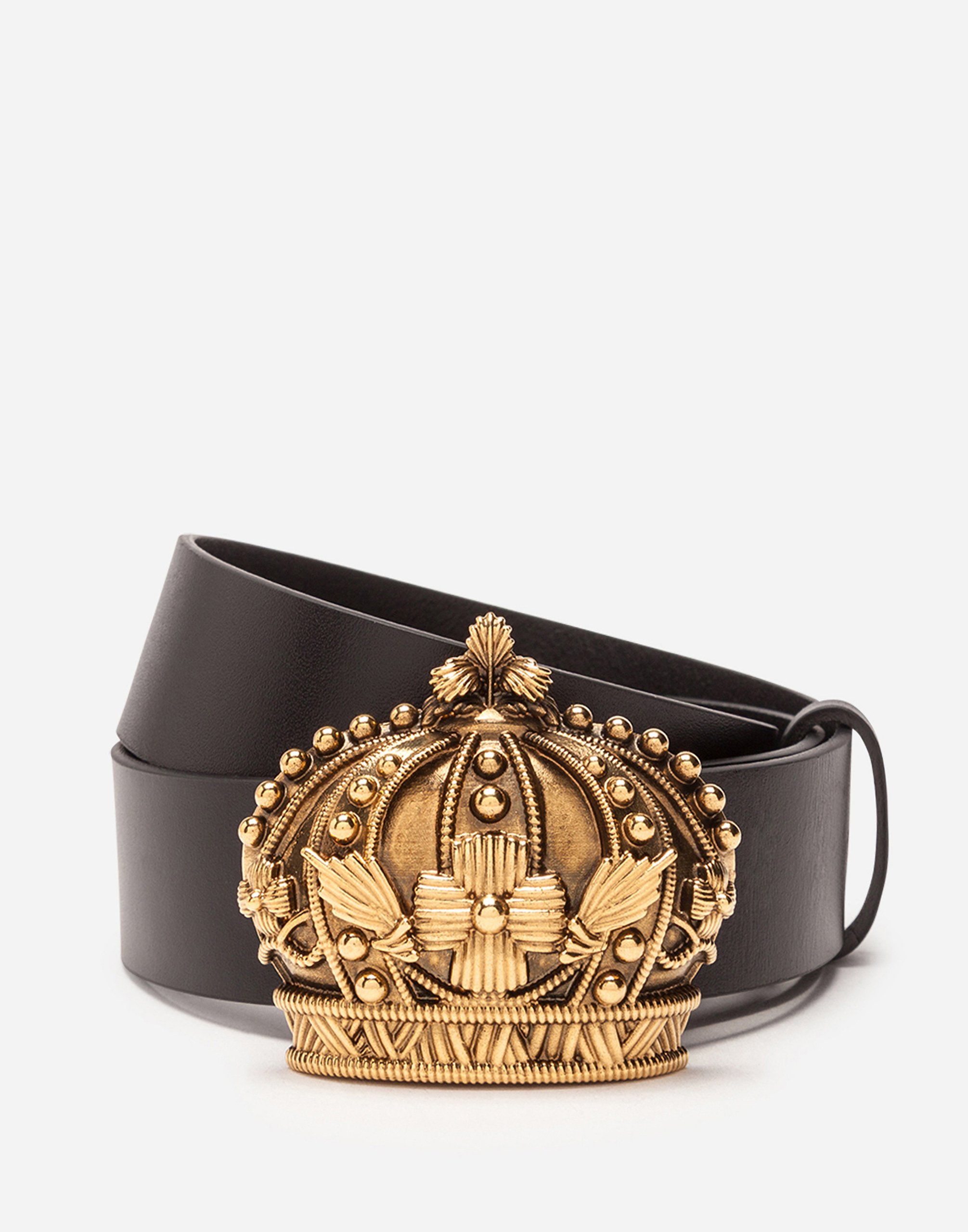 Leather belt with crown buckle