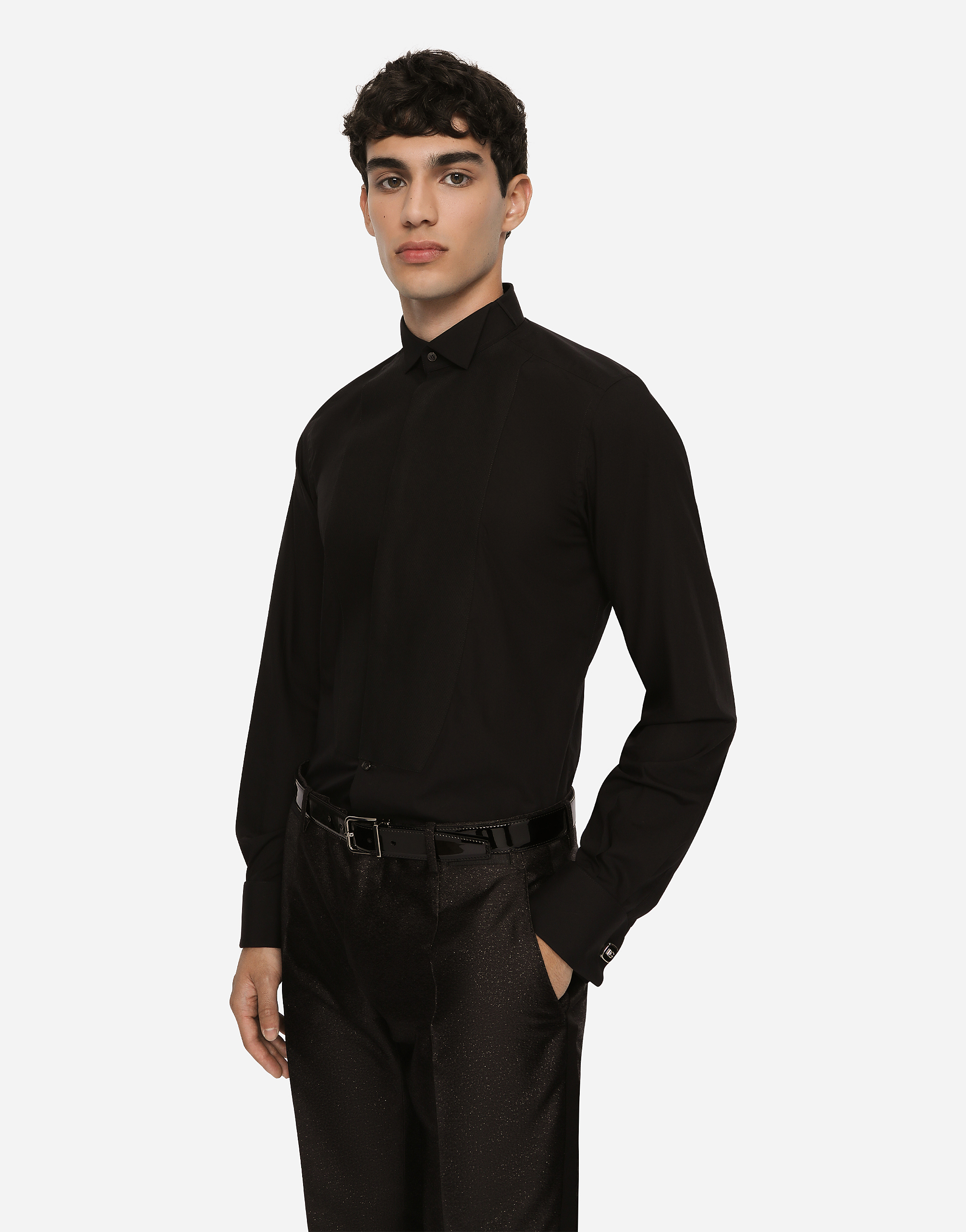 Shop Dolce & Gabbana Cotton Poplin Gold-fit Tuxedo Shirt In Black