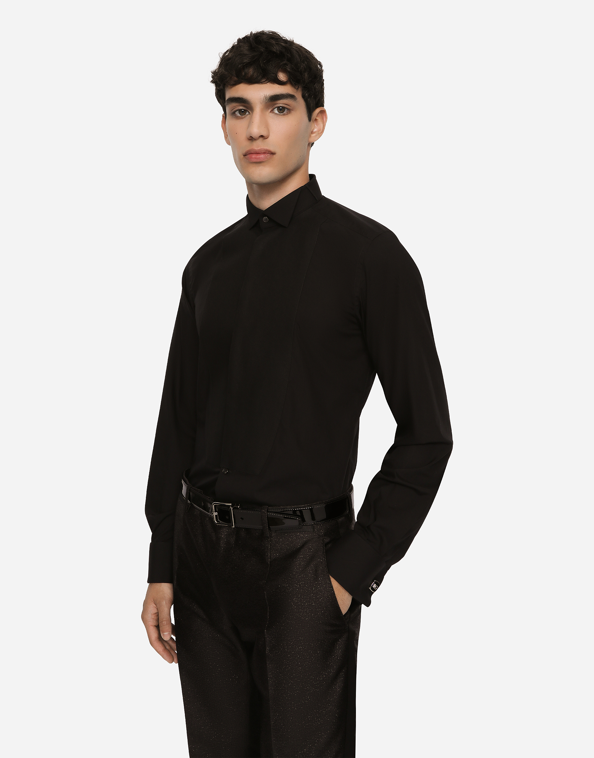 Dolce & Gabbana Cotton Poplin Gold-fit Tuxedo Shirt In Black