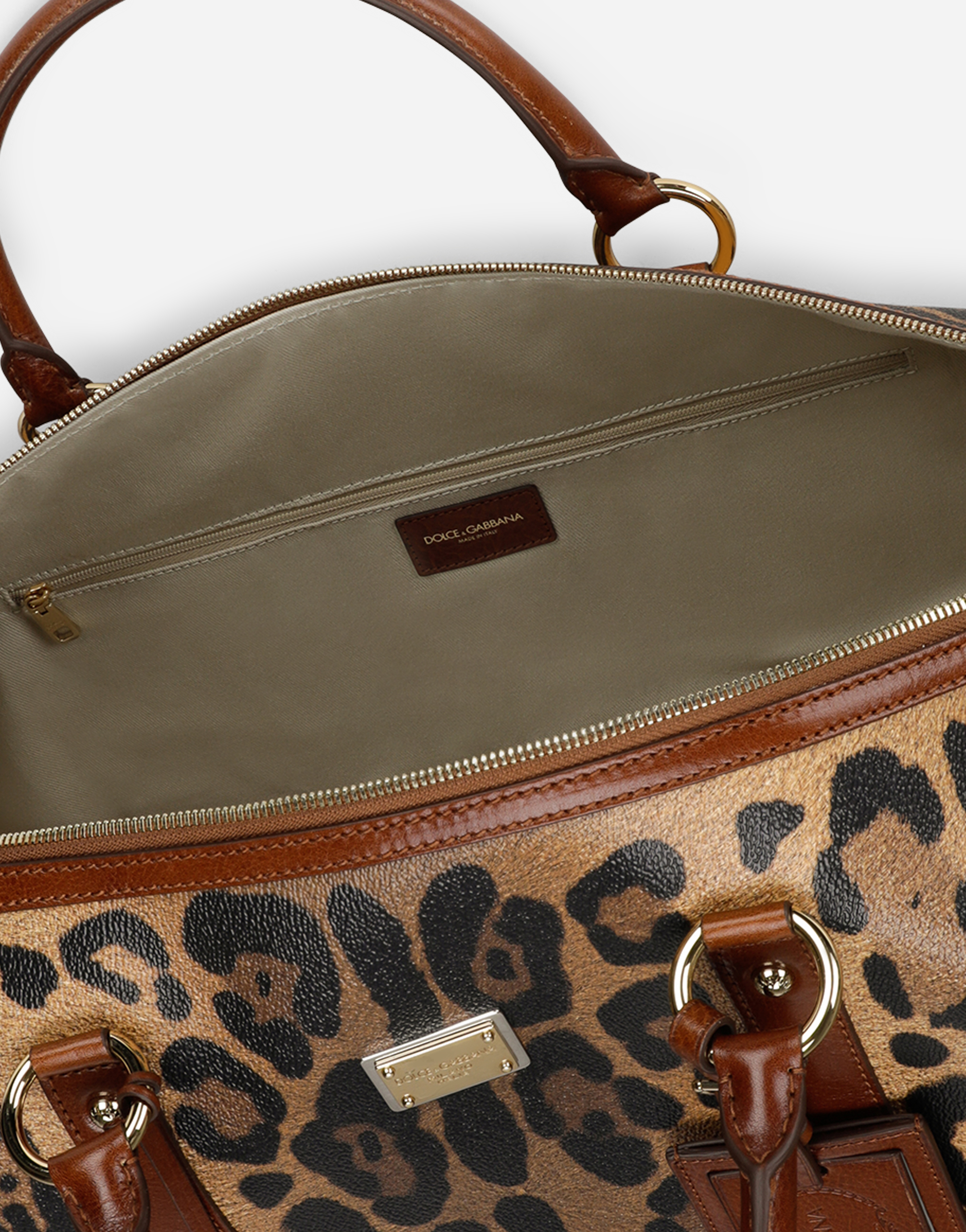 Shop Dolce & Gabbana Medium Travel Bag In Leopard-print Crespo With Branded Plate In Multicolor