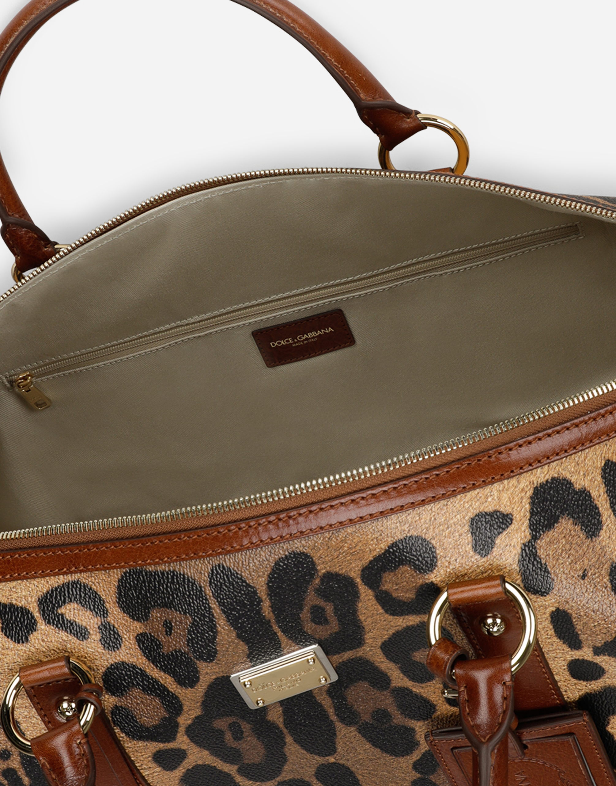 DOLCE & GABBANA MEDIUM TRAVEL BAG IN LEOPARD-PRINT CRESPO WITH BRANDED PLATE