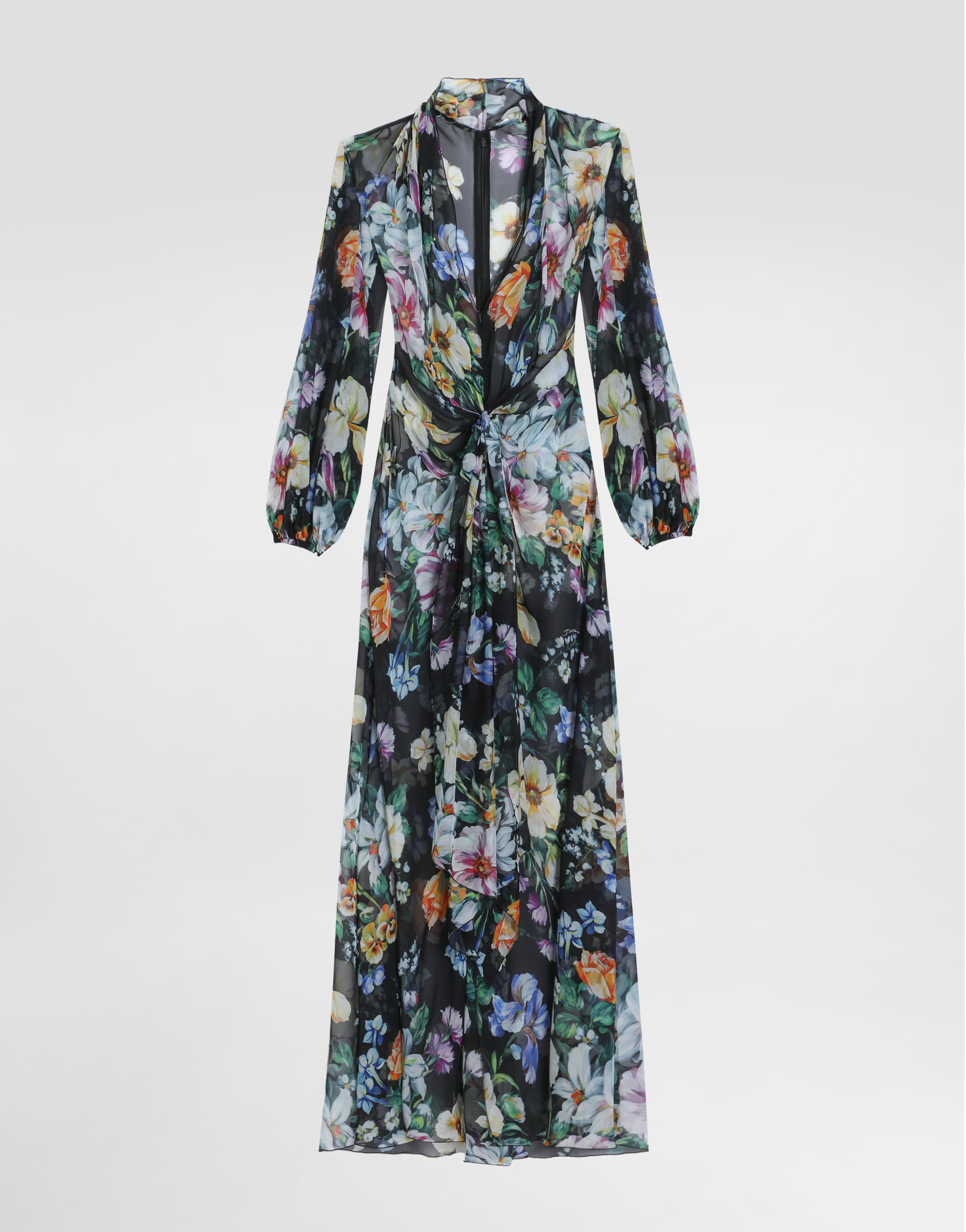 Dolce & Gabbana Long Black Silk Dress With Floral Pattern Women In Print