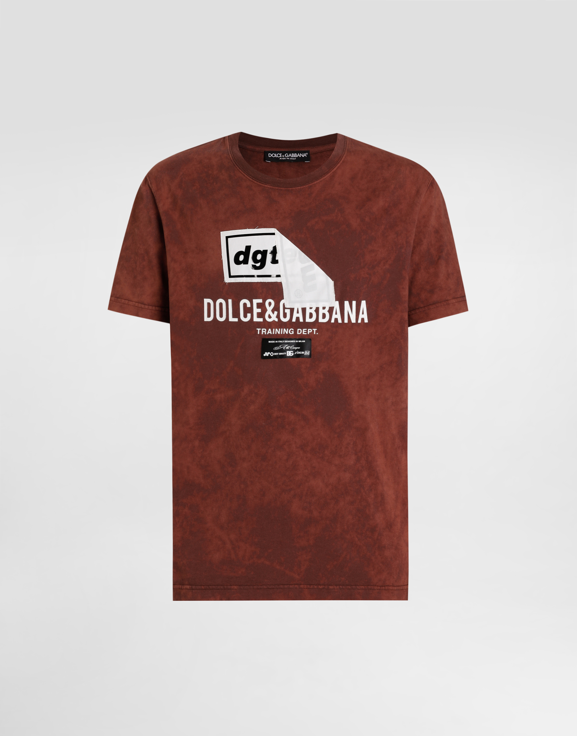 Marble-effect cotton t-shirt with print in Brown for Men