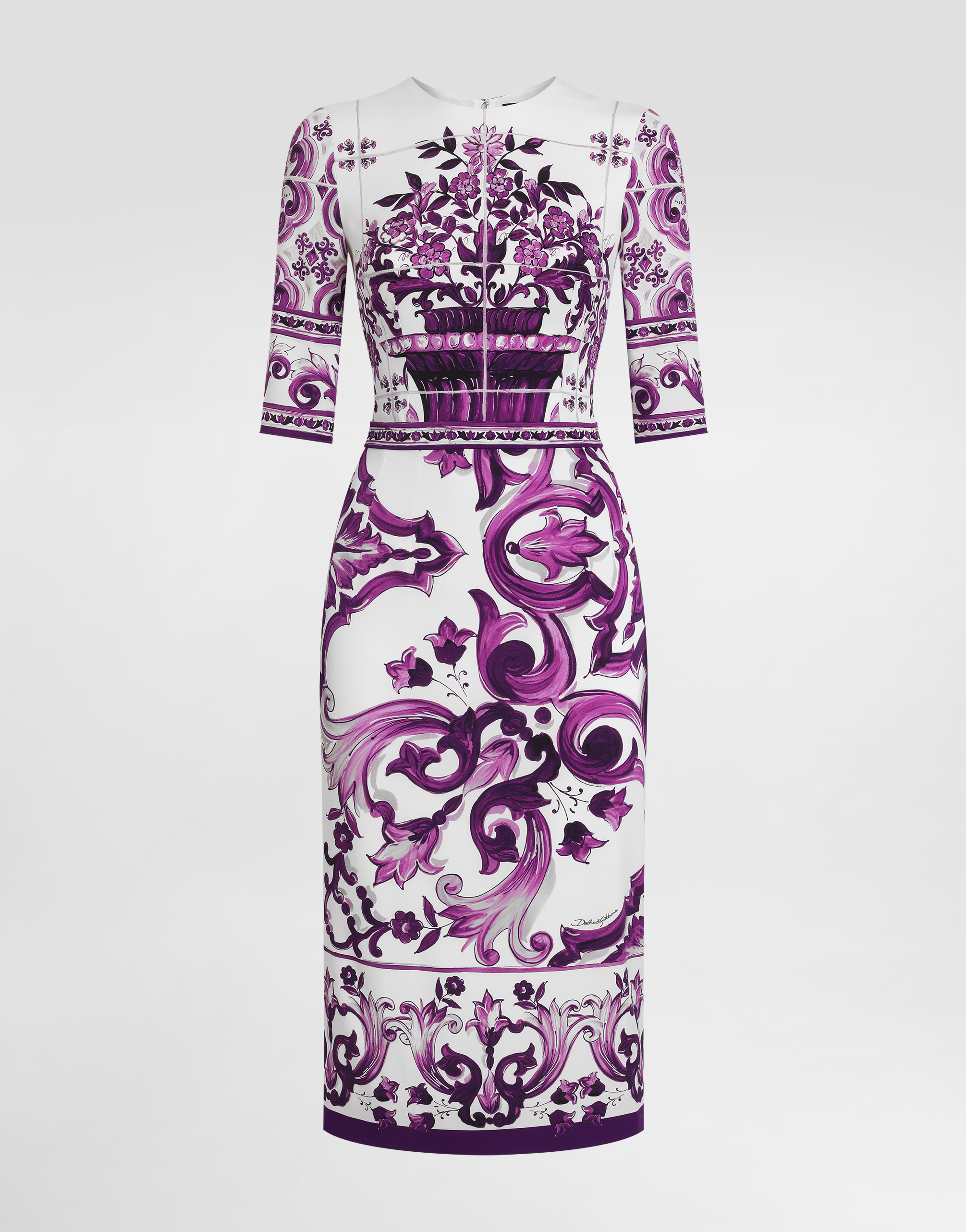 Dolce & Gabbana Violet Crewneck Dress With Rear Zip Closure And All-over Floral Print In Silk Stretch Woman In Purple