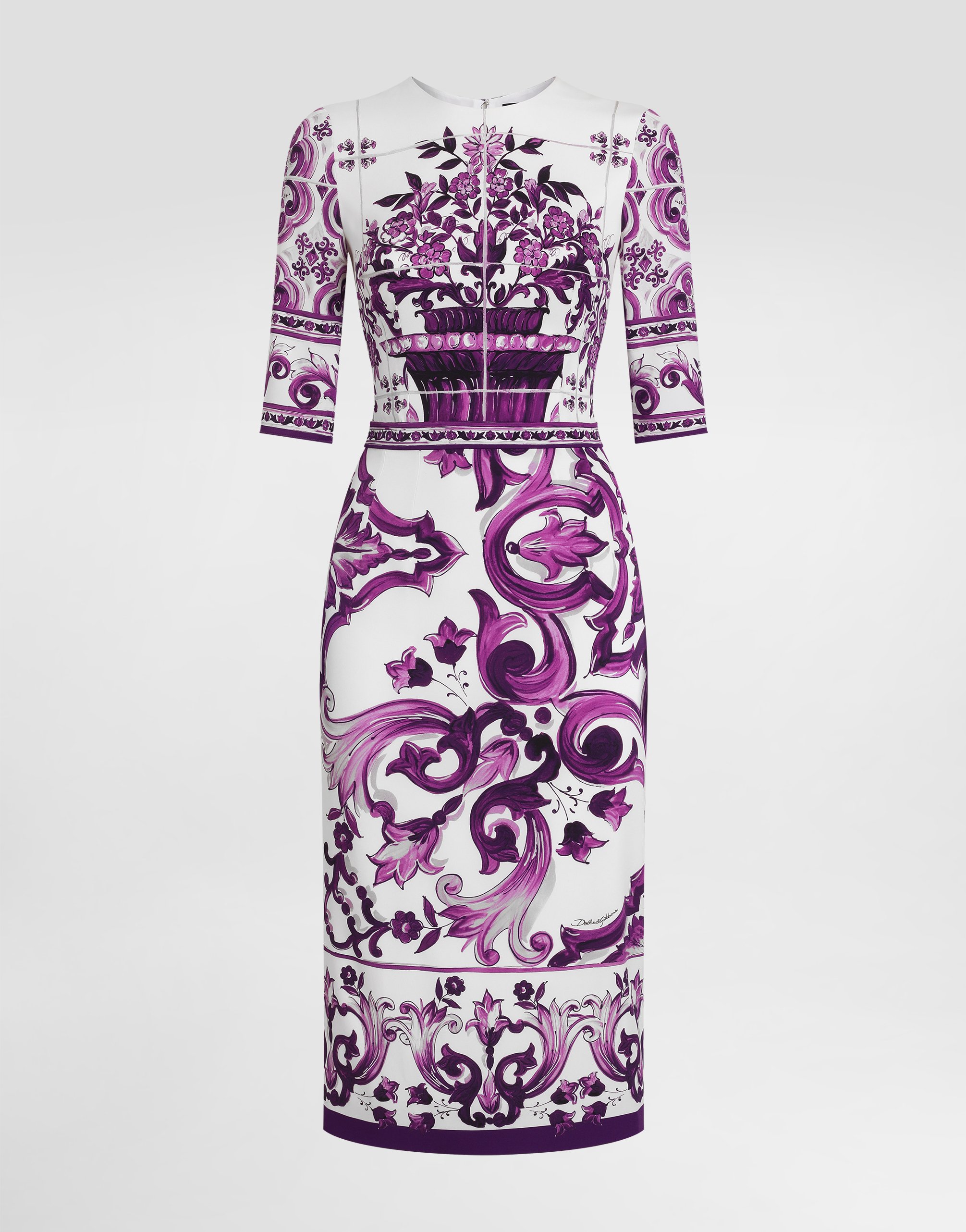 Dolce & Gabbana Violet Crewneck Dress With Rear Zip Closure And All-over Floral Print In Silk Stretch Woman In Purple